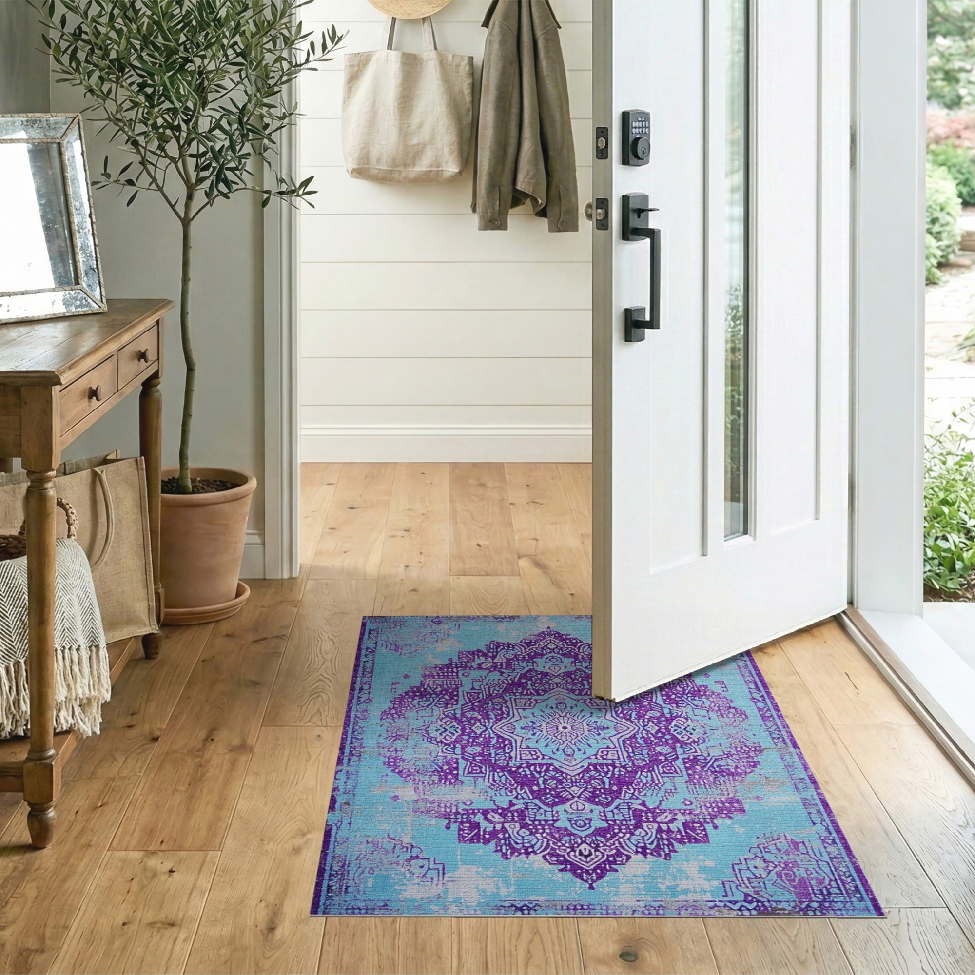 Distressed Teal Purple Mandala Area Rug