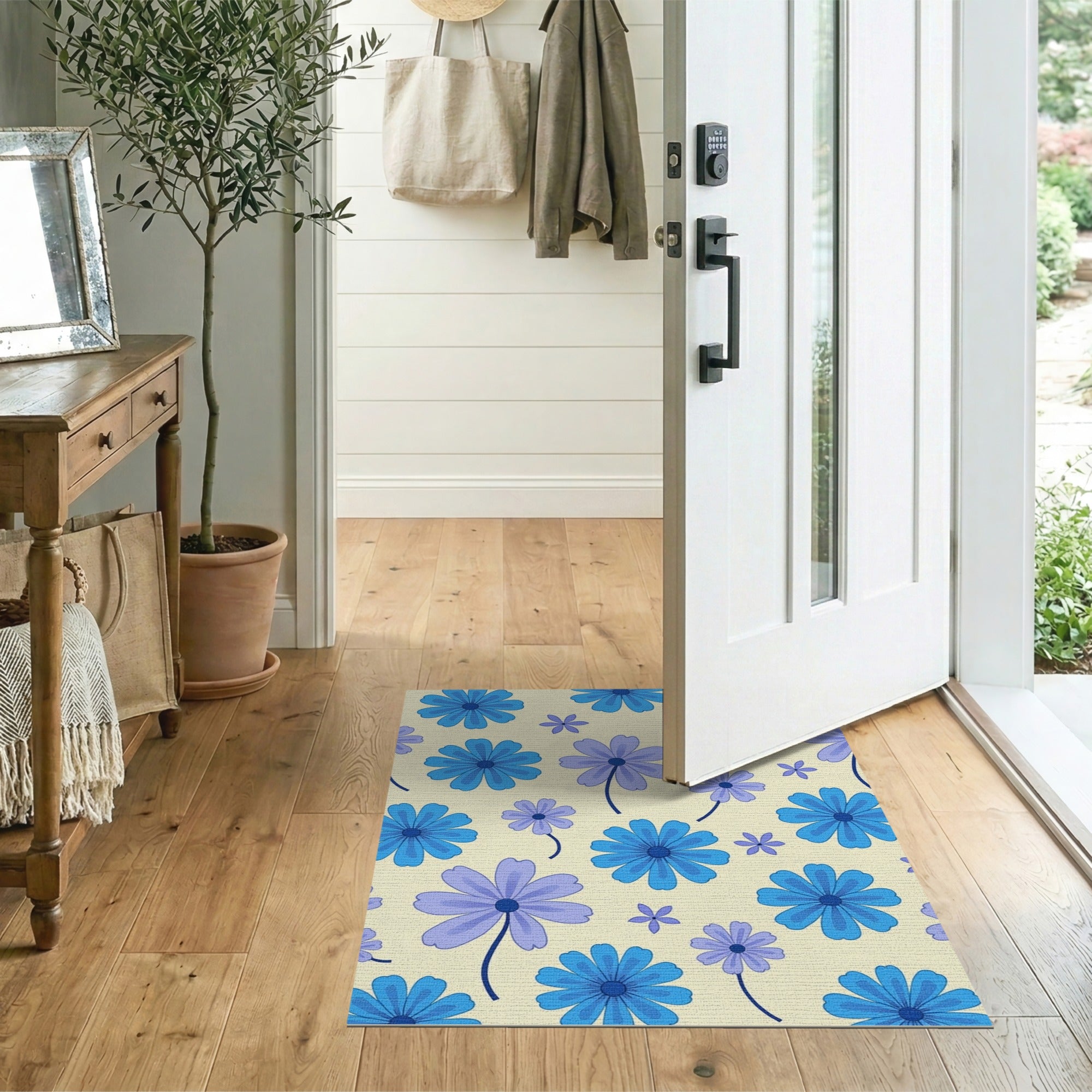 Floral Vintage Blue Cornflower Floral Pattern Area Rug
