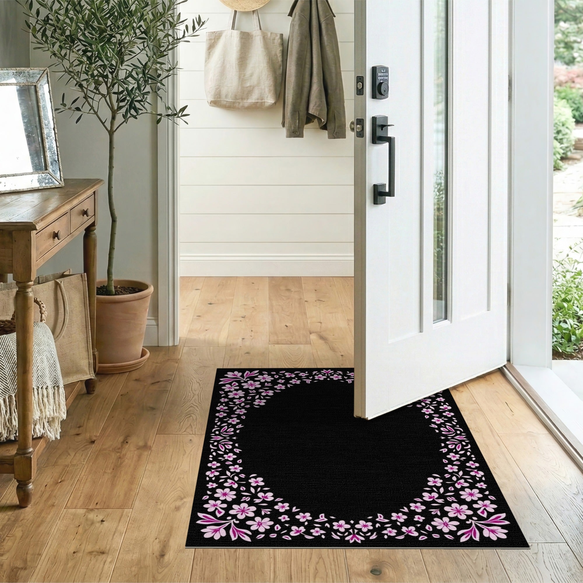 Pink Cherry Blossom Floral Border Area Rug