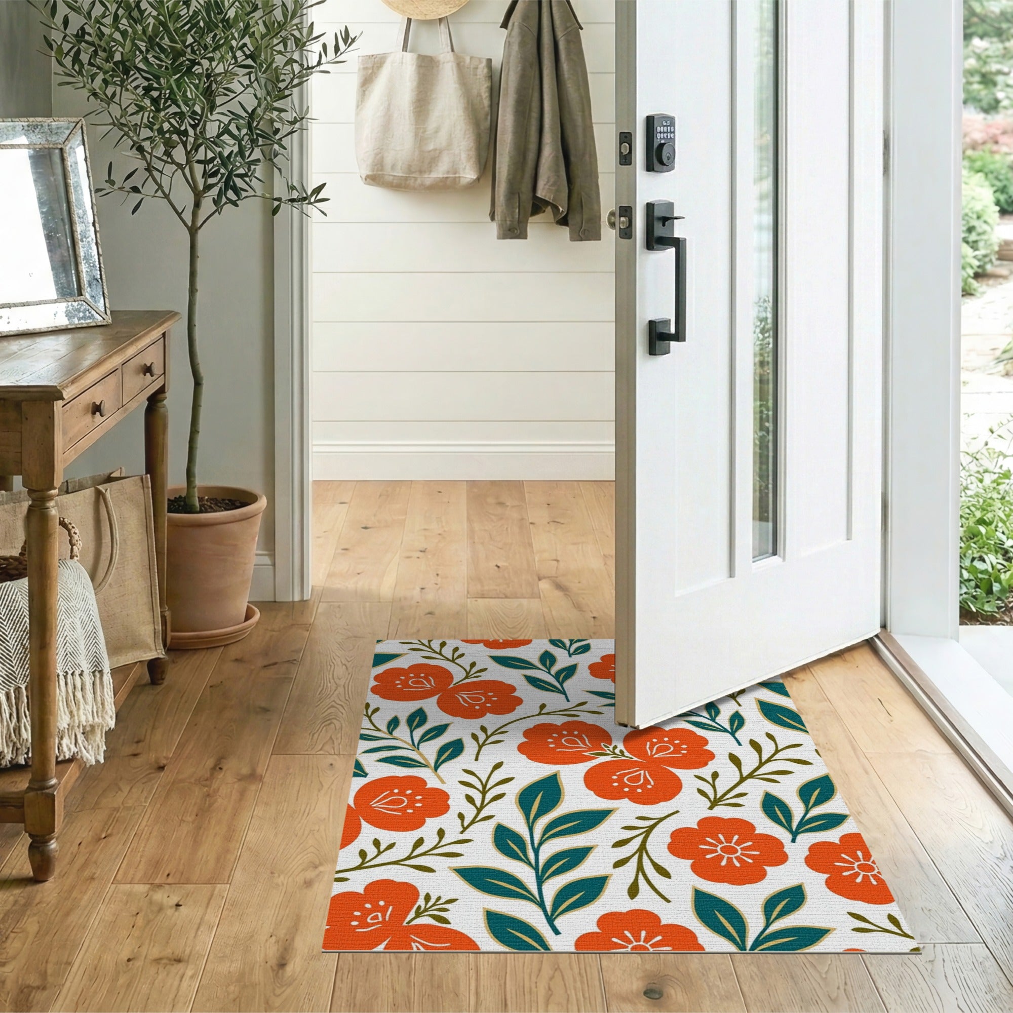 Vibrant Orange Camellia Floral Area Rug