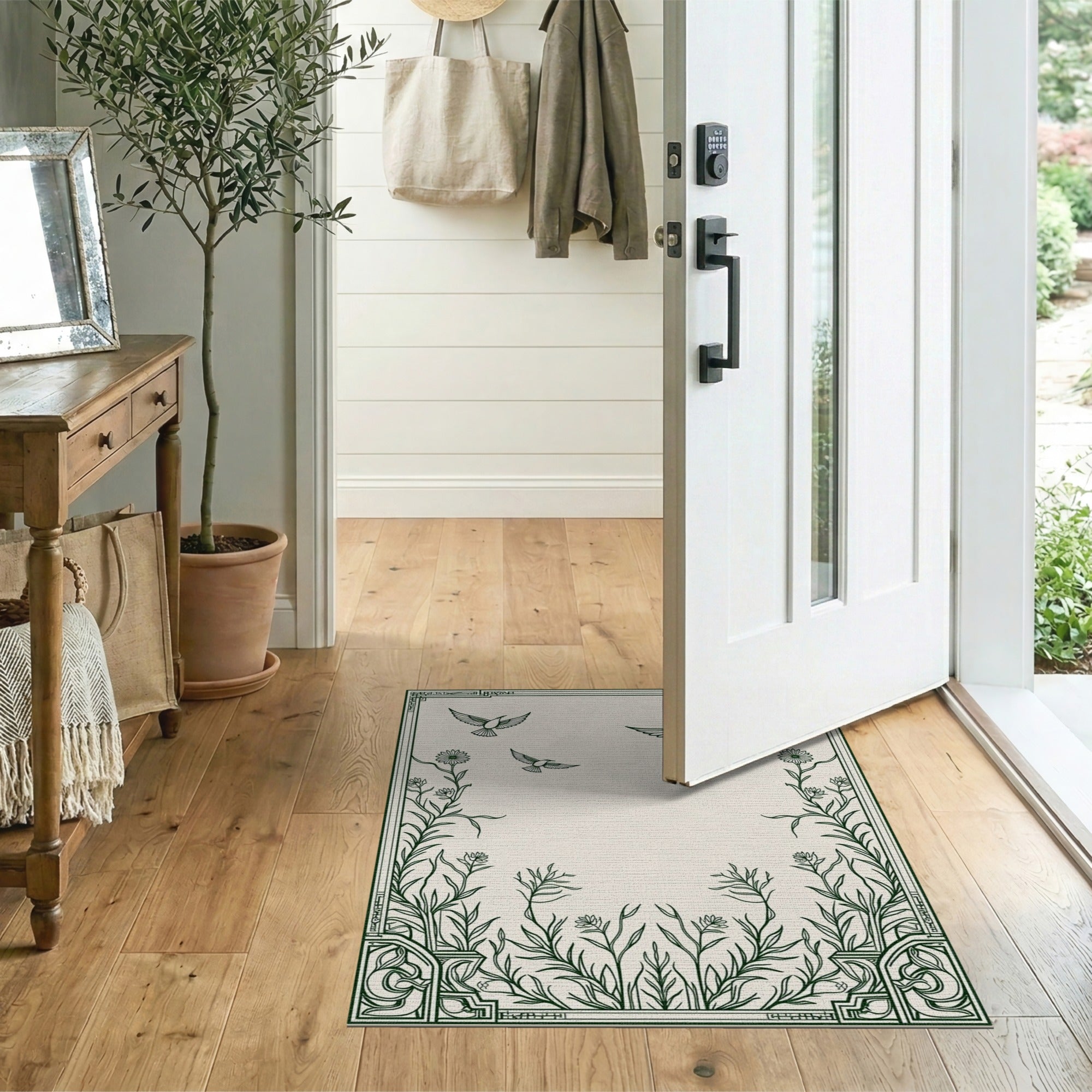 Ornate Green Birds Daisies Floral Frame Rug
