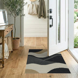 Abstract Wavy Black Beige Neutral Area Rug