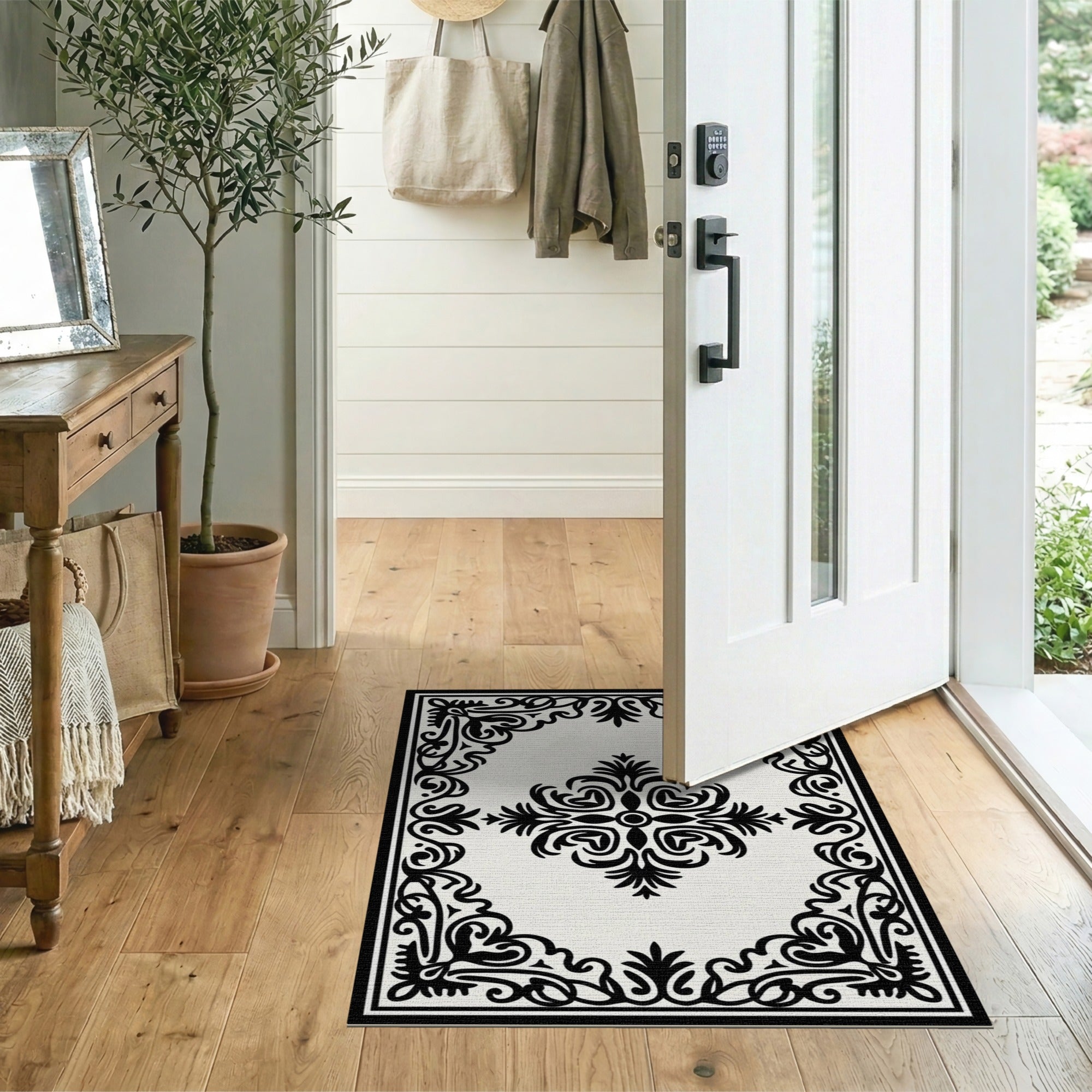 Floral Vintage Ornate Black White Floral Area Rug