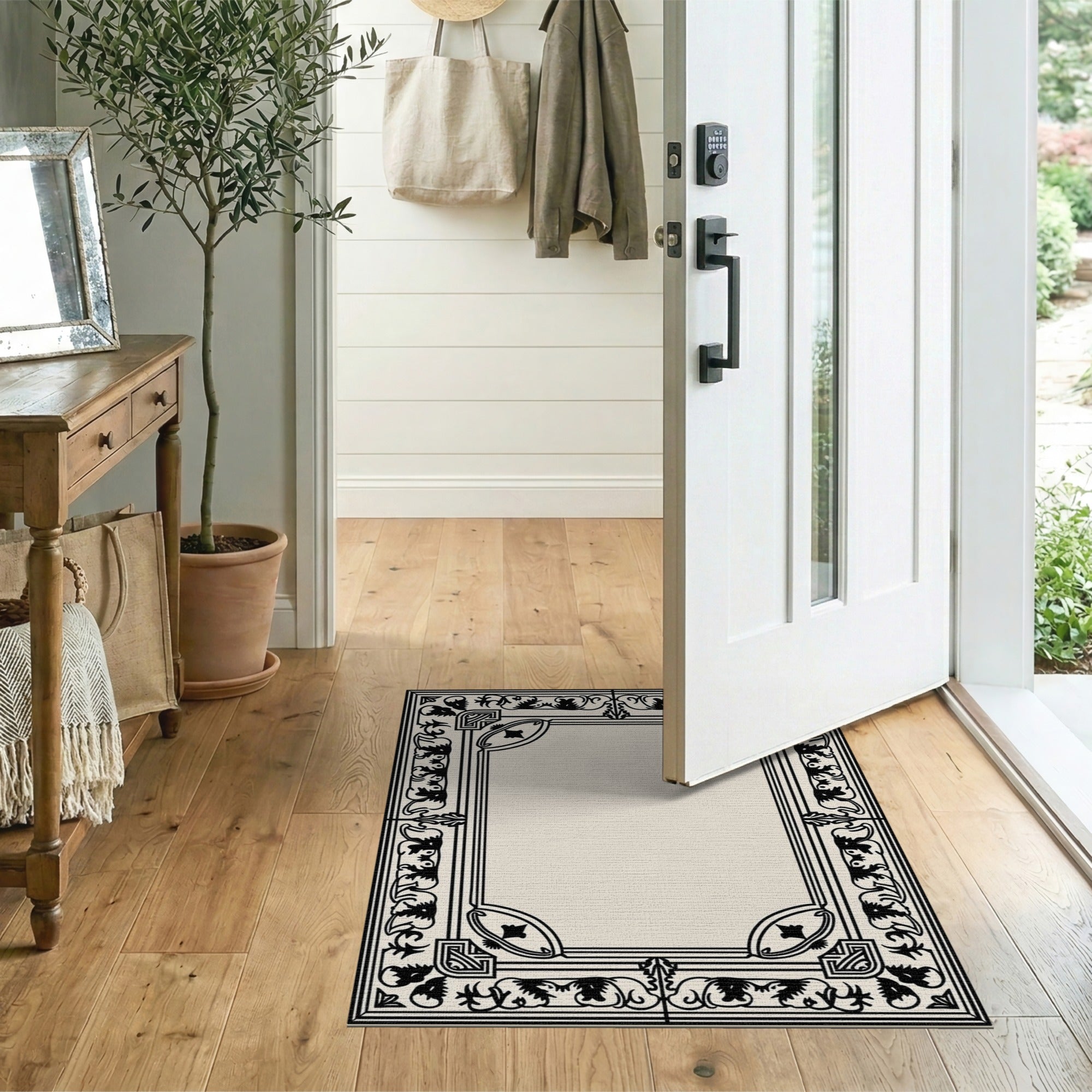 Floral Vintage Ornate Floral Border Beige Area Rug