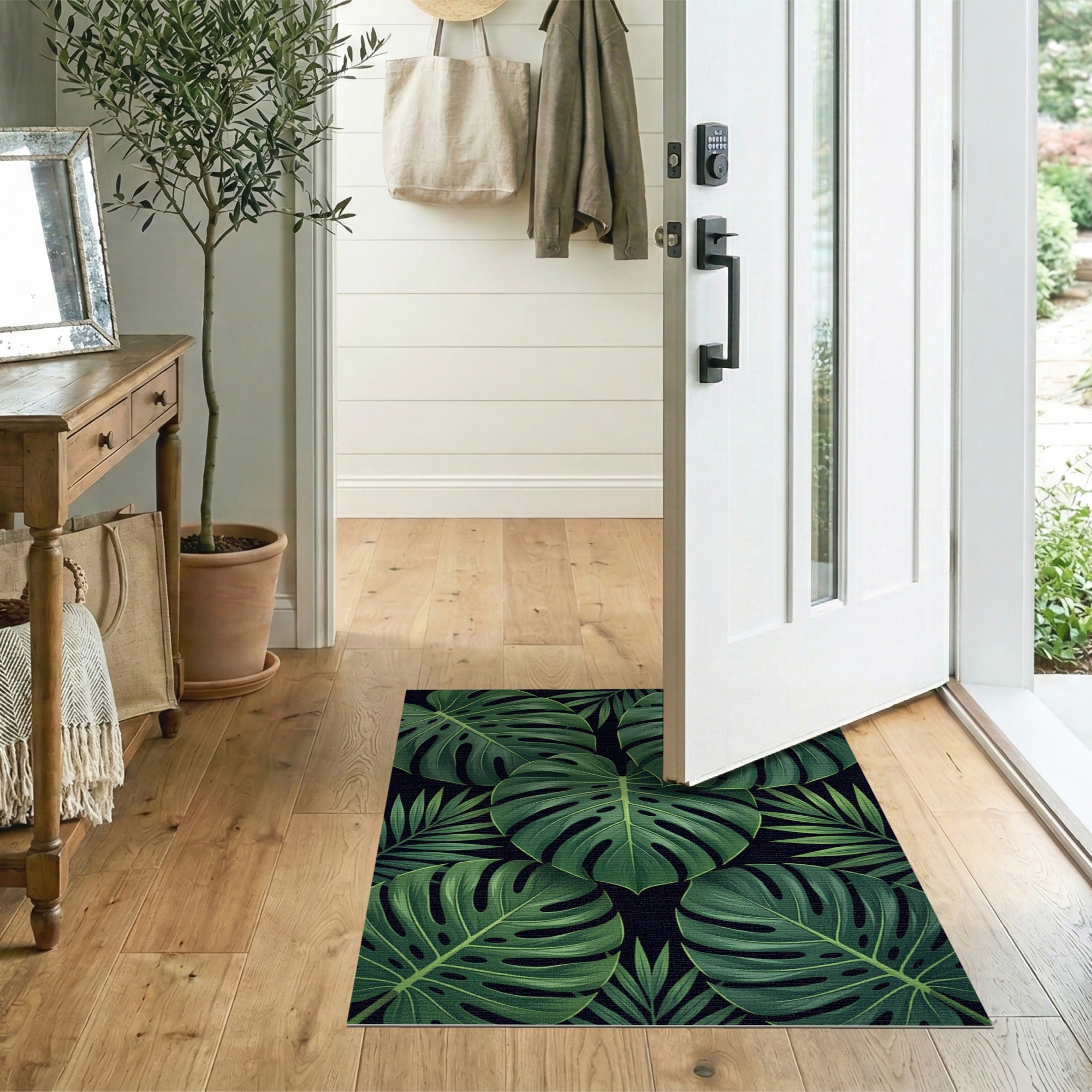 Vibrant Green Monstera Leaves Area Rug on Black