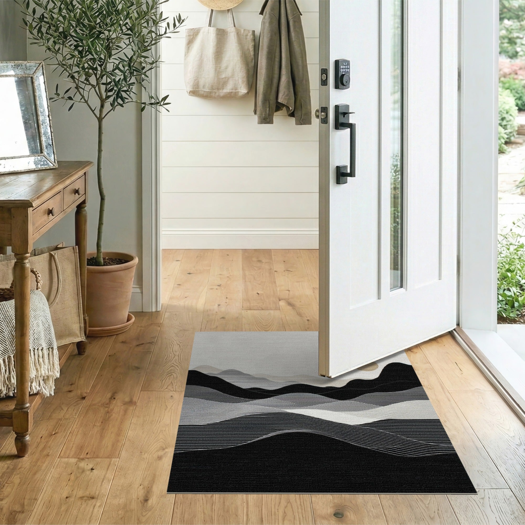 ODIKA Modern Washable Abstract Mountain Landscape Area Rug - Black & White Low Pile