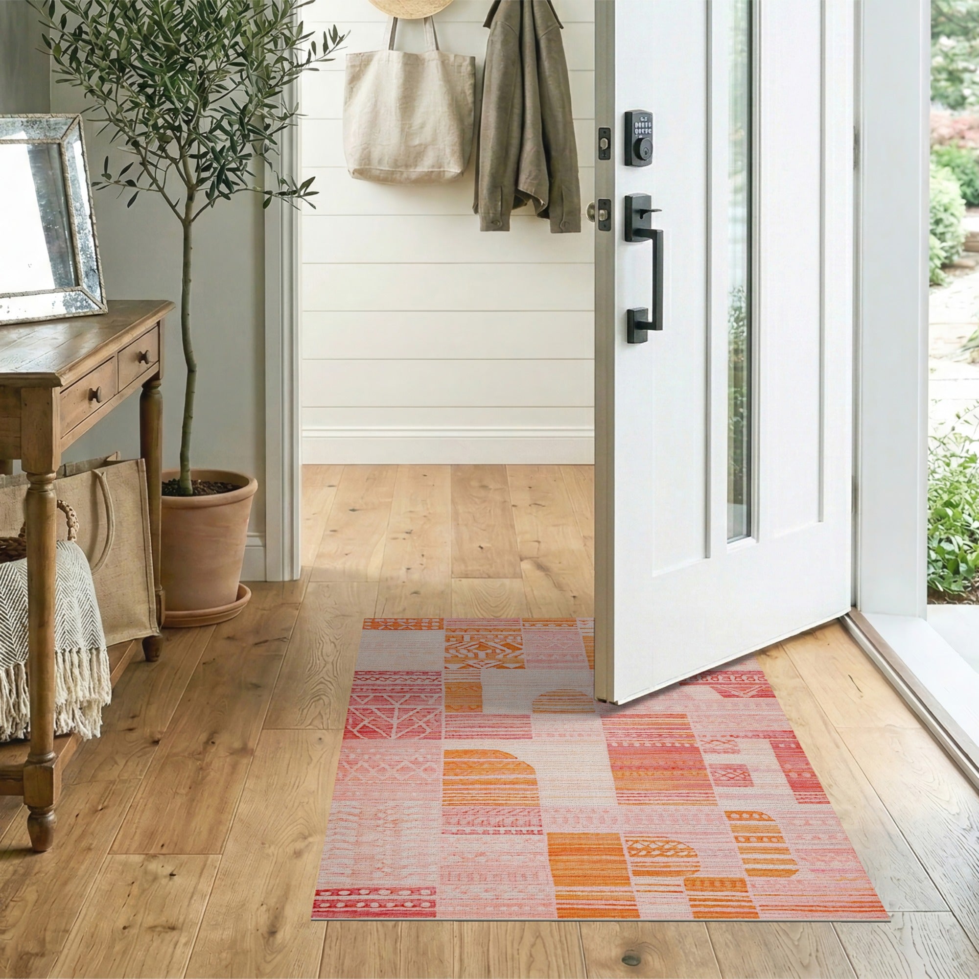 ODIKA Tribal Geometric Patchwork Washable Area Rug - Terracotta & Blush Pink