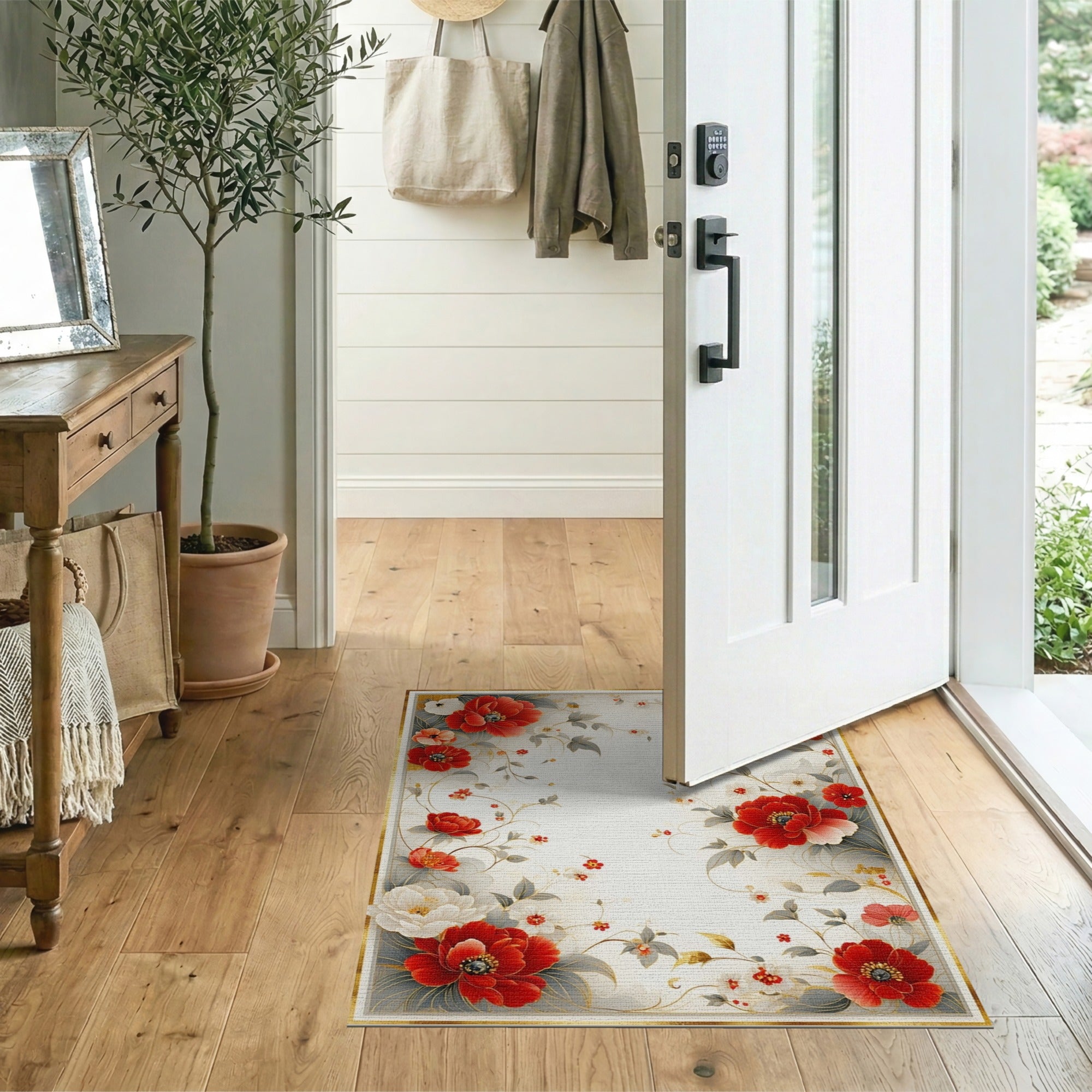Red Red Peony Floral Vintage Area Rug