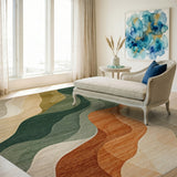 Washable Abstract Wavy Area Rug - Green & Earth Tones, Non-Slip Low Pile