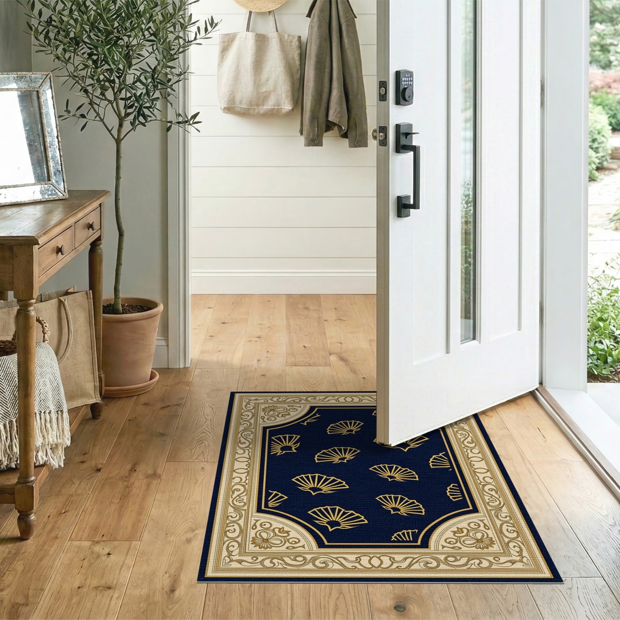 Navy Blue Golden Seashell Area Rug with Ornate Border