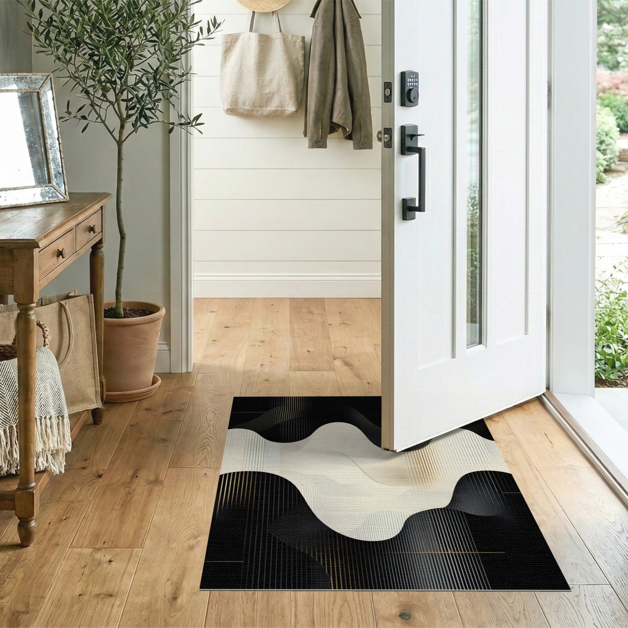 ODIKA Modern Abstract Washable Area Rug - Black & Gold Wavy Geometric Low Pile Non-Slip Carpet