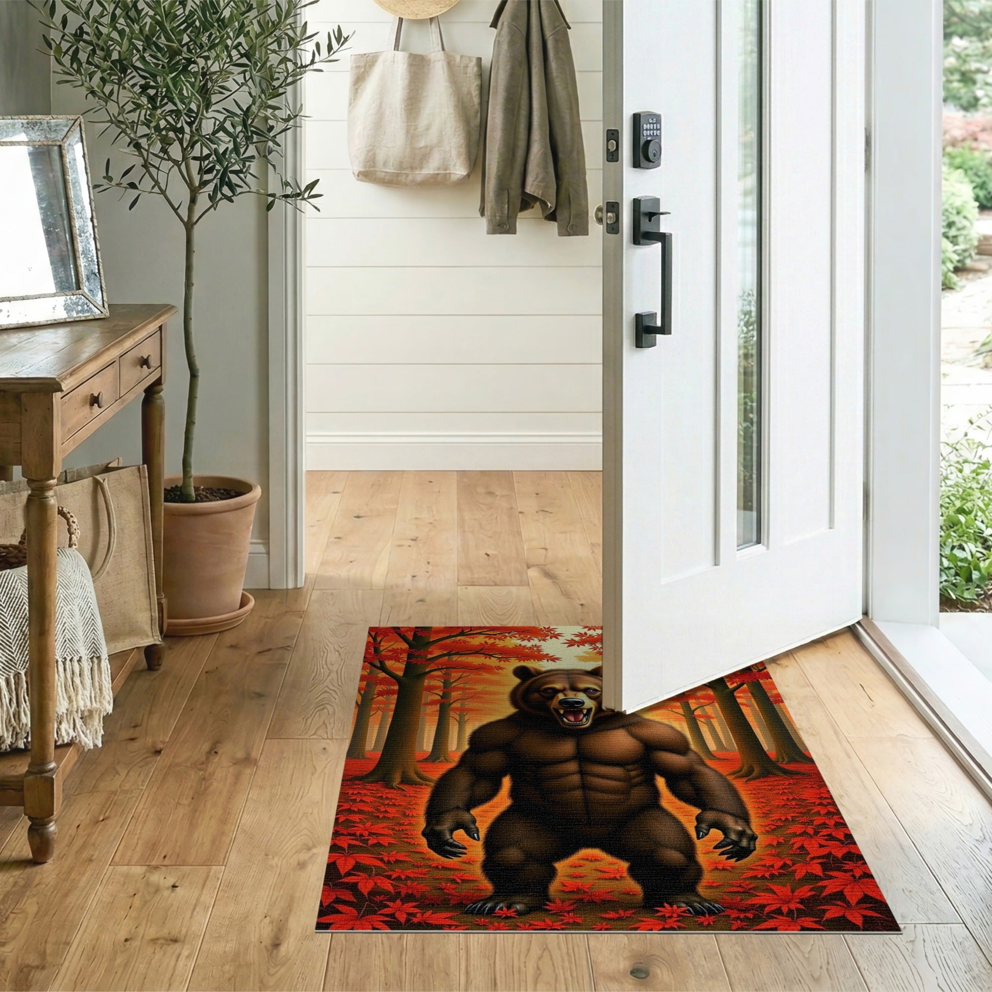 Roaring Muscular Bear in Autumn Forest Rug