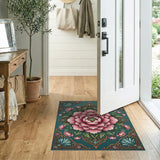 Ornate Pink Peony Teal Area Rug