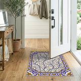 Ornate Blue Vine Floral Border Area Rug