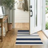 Navy Blue and White Striped Woven Rug