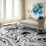 Black White Fluid Swirl Area Rug