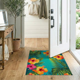 ODIKA Tropical Hibiscus Washable Rug - Teal Palm Leaf Low Pile Non-Slip Area Carpet