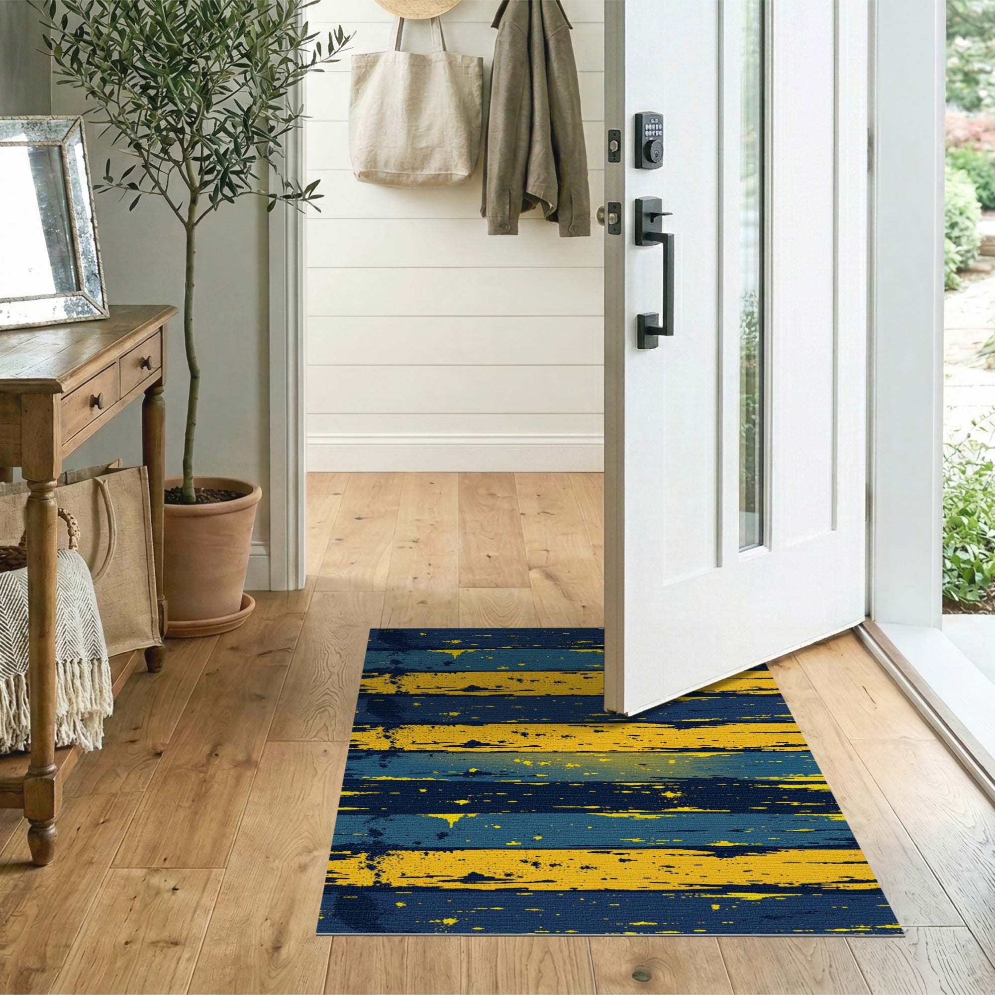 Distressed Blue Yellow Striped Area Rug