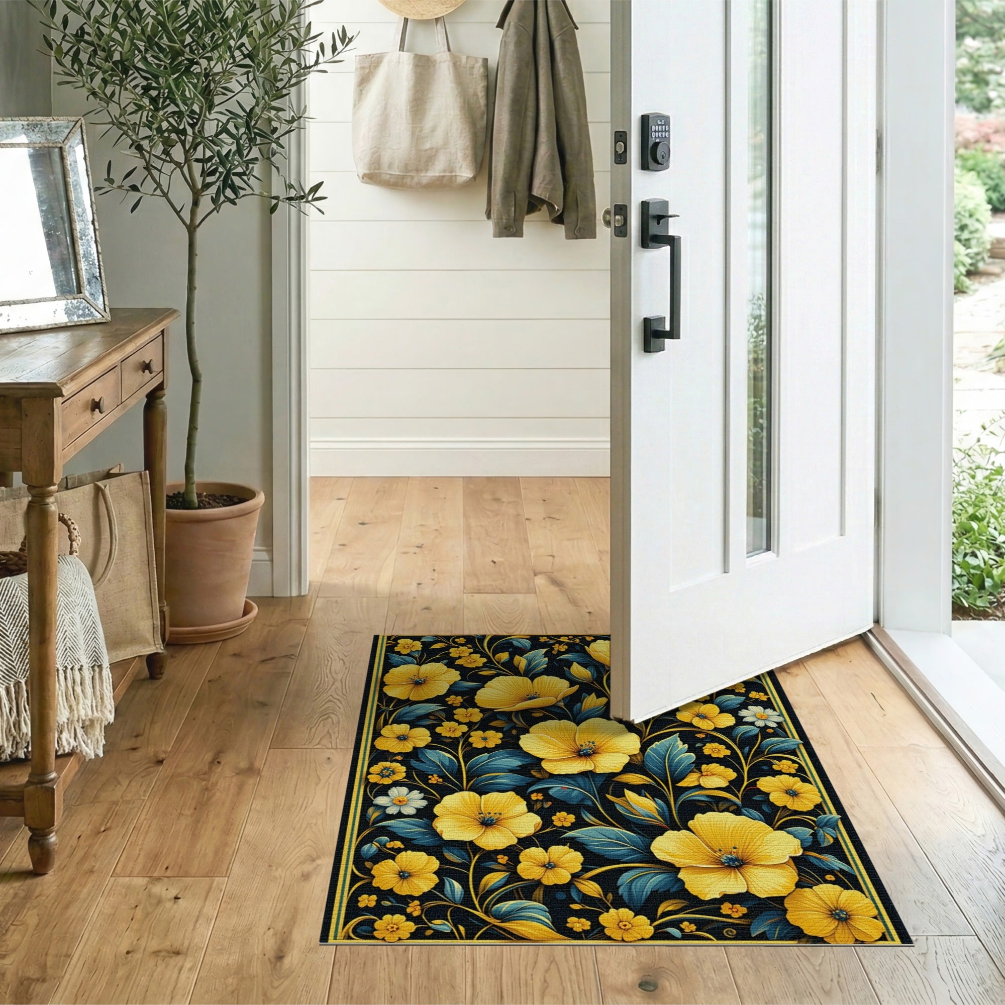 Vibrant Yellow Poppy Floral Area Rug