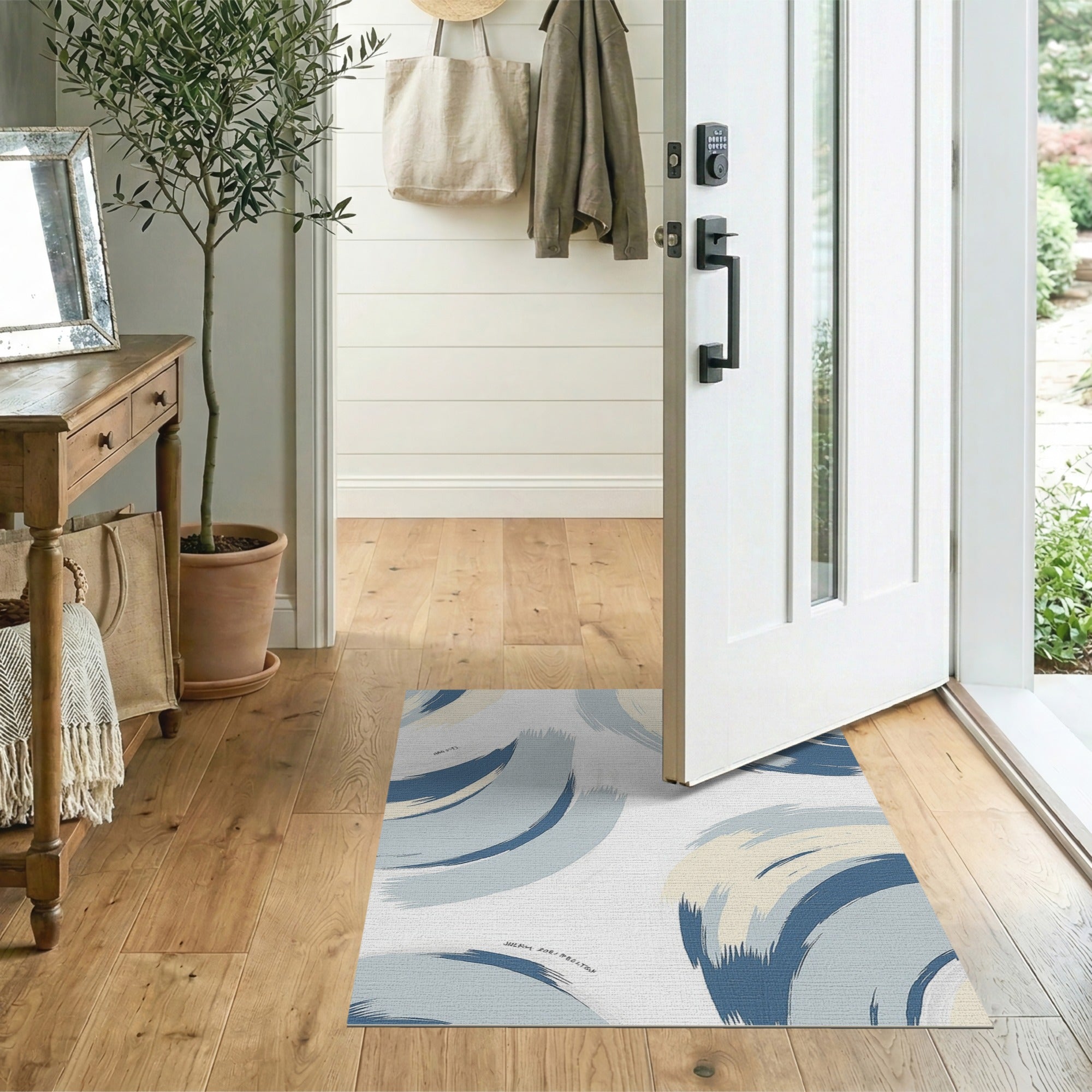 ODIKA Modern Abstract Blue Brushstroke Washable Area Rug - Low Pile & Non-Slip