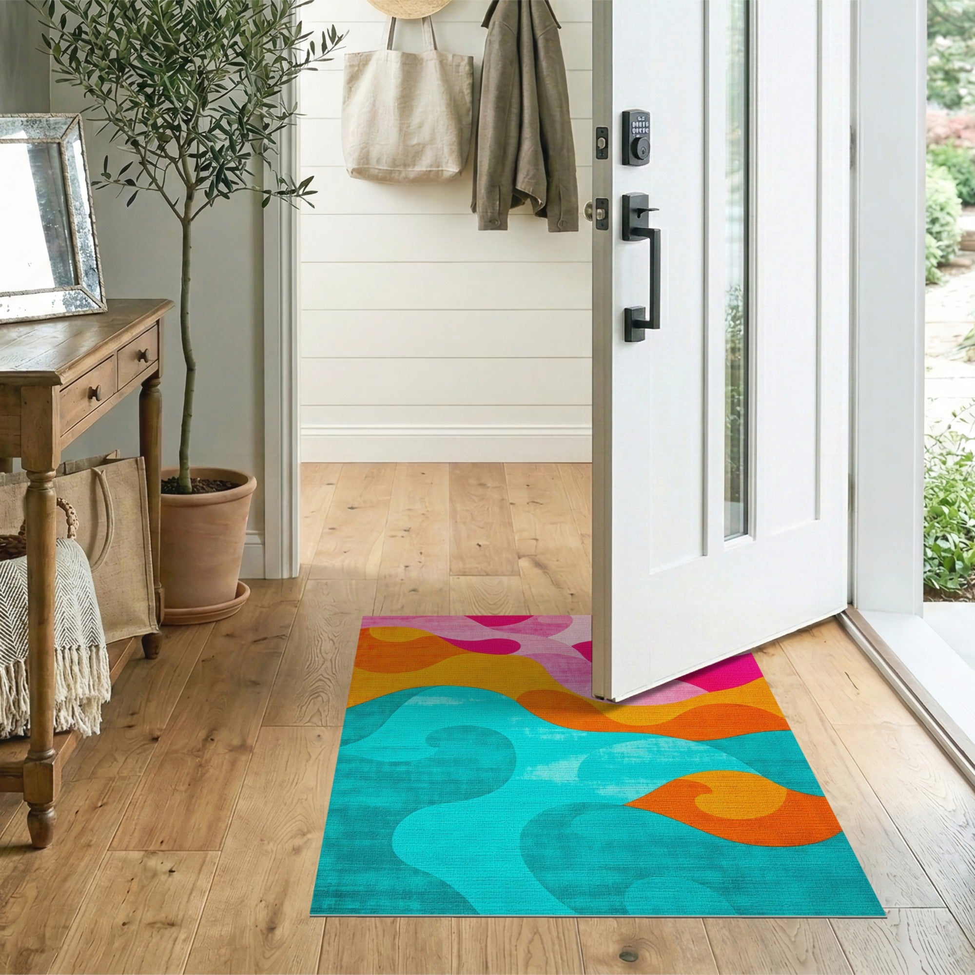 ODIKA Abstract Wavy Colorful Washable Area Rug - Low Pile Non-Slip & Pet Friendly