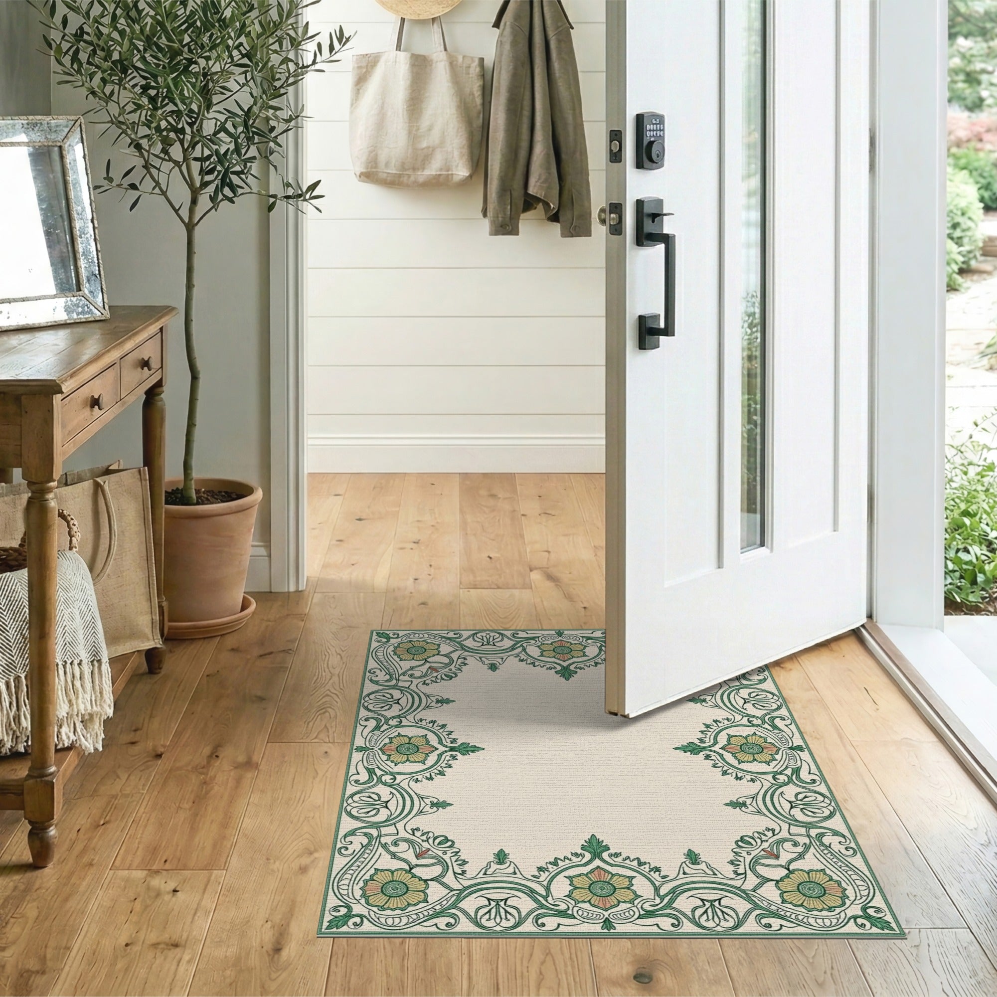 Green Floral Vintage Ornate Green Floral Border Area Rug