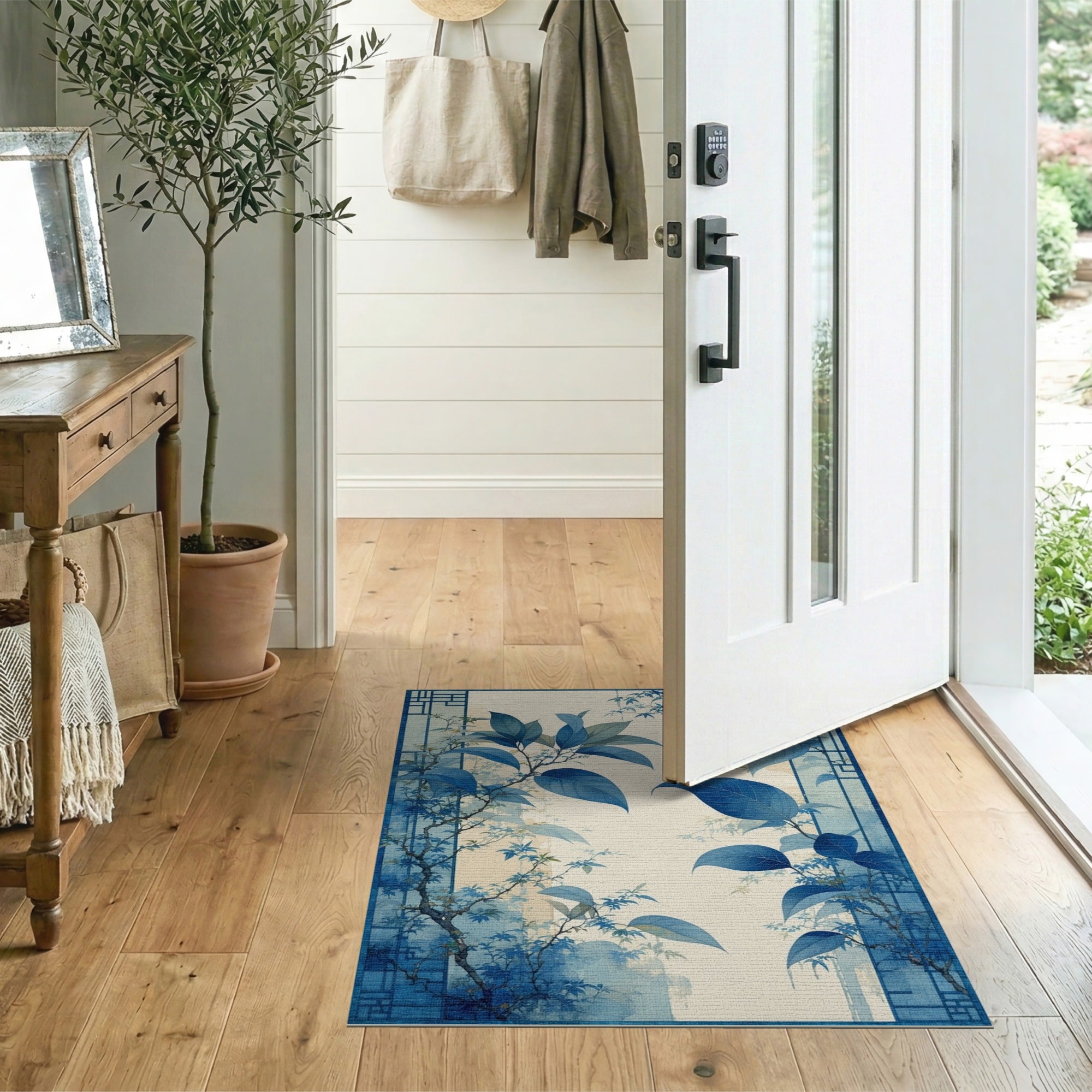 ODIKA Blue Botanical Washable Area Rug - Chinoiserie Low Pile Non-Slip Rug