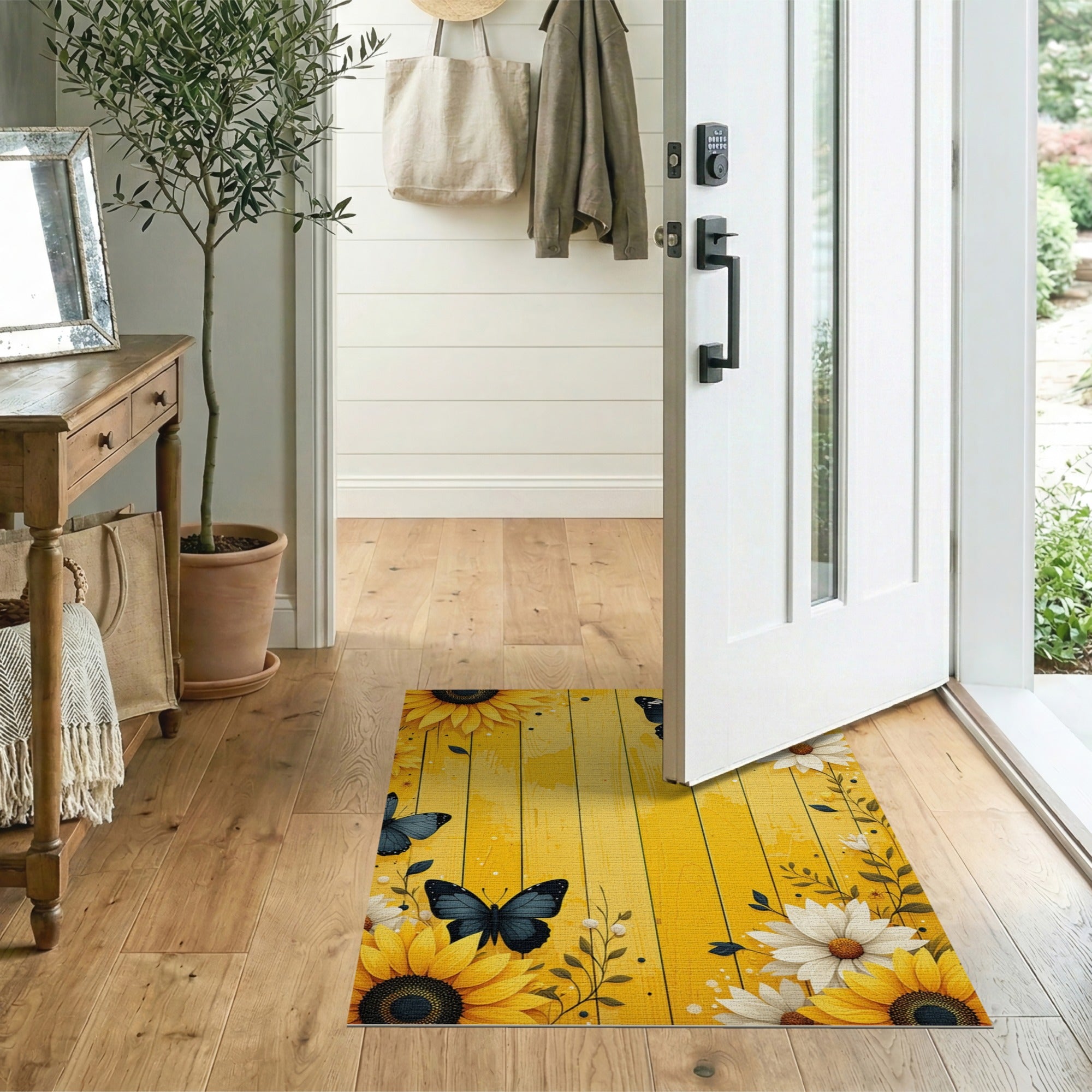 Sunflower Daisy Butterfly Yellow Barnwood Area Rug