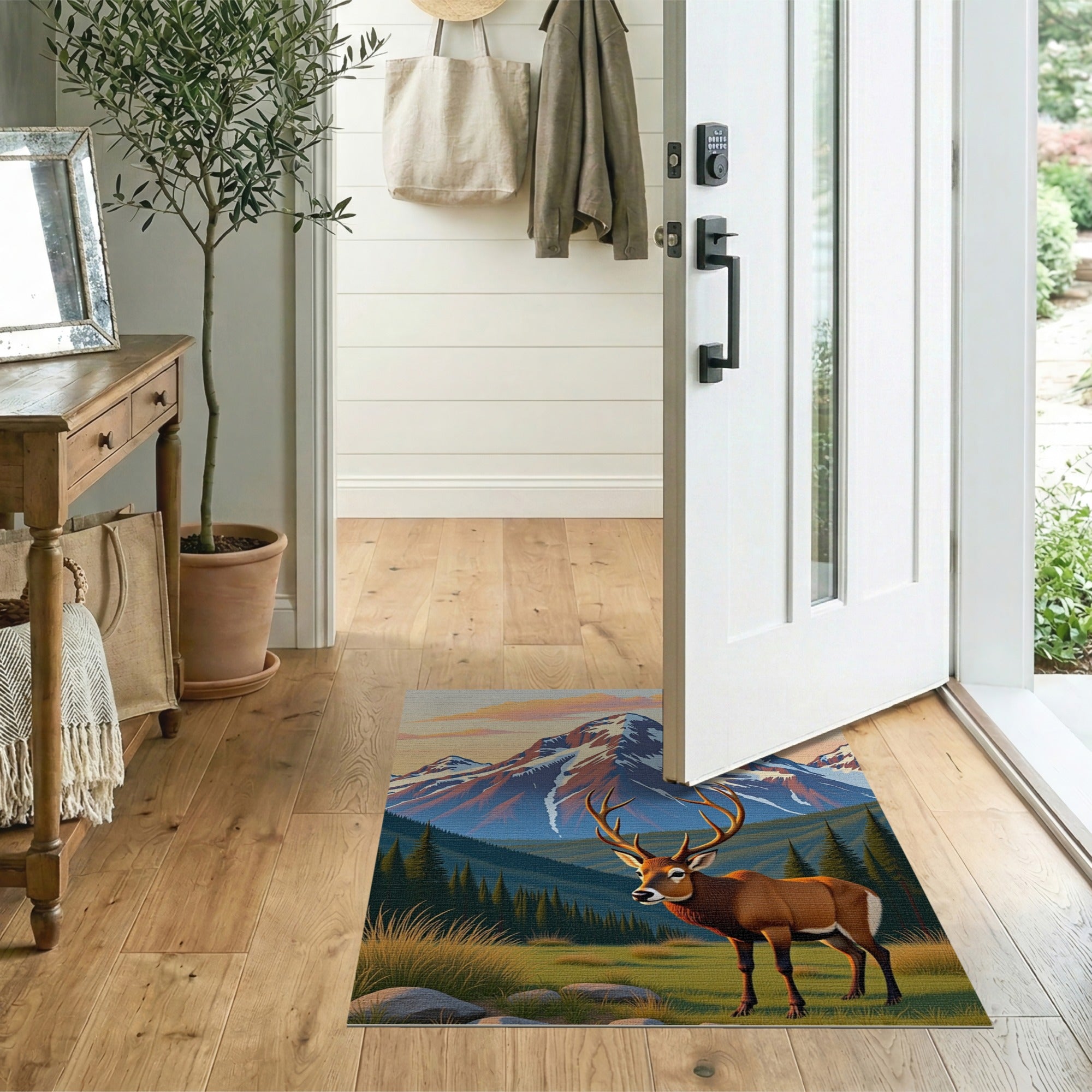 Majestic Elk Sunset Over Snowy Peaks Area Rug