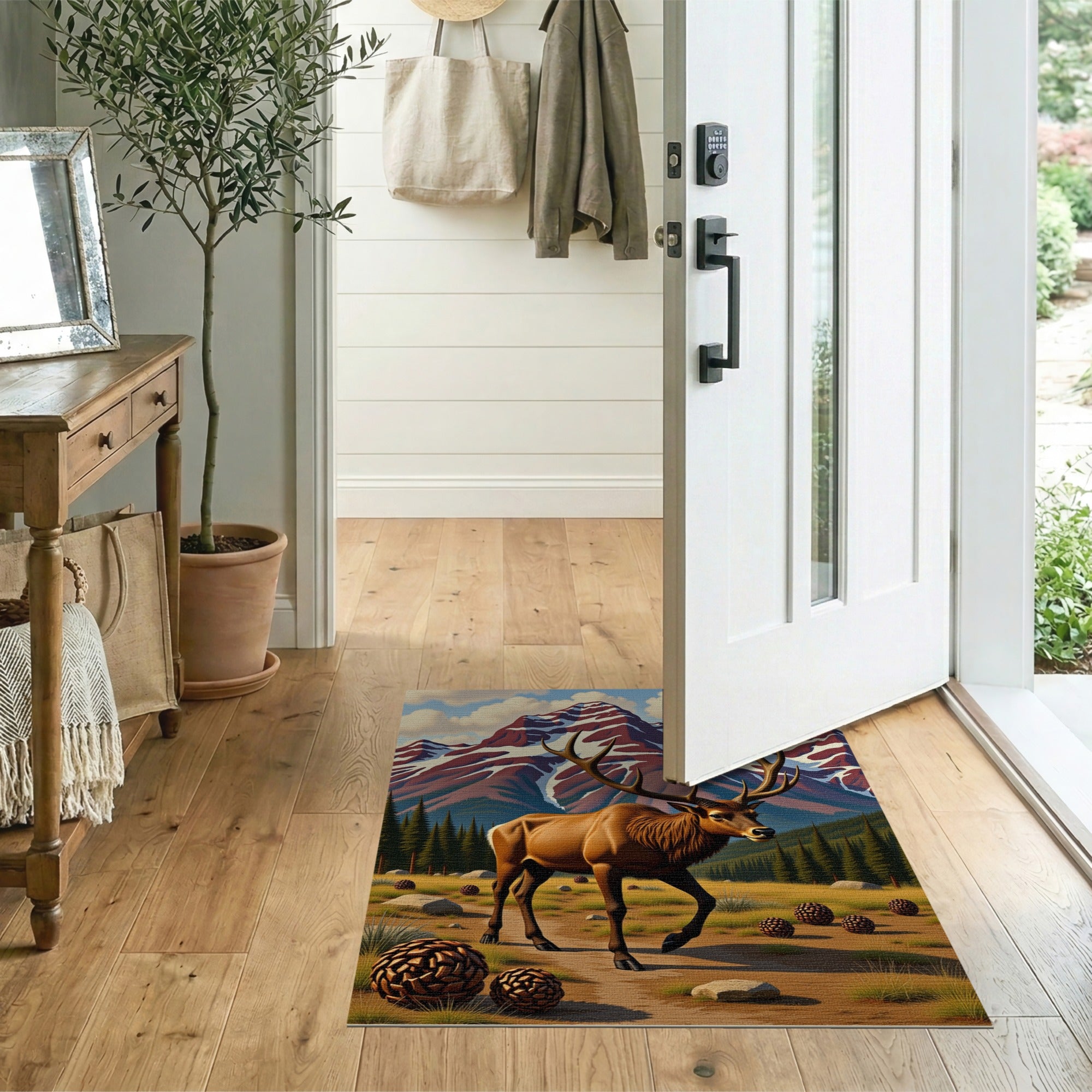 Majestic Bull Elk Snowy Peaks Area Rug