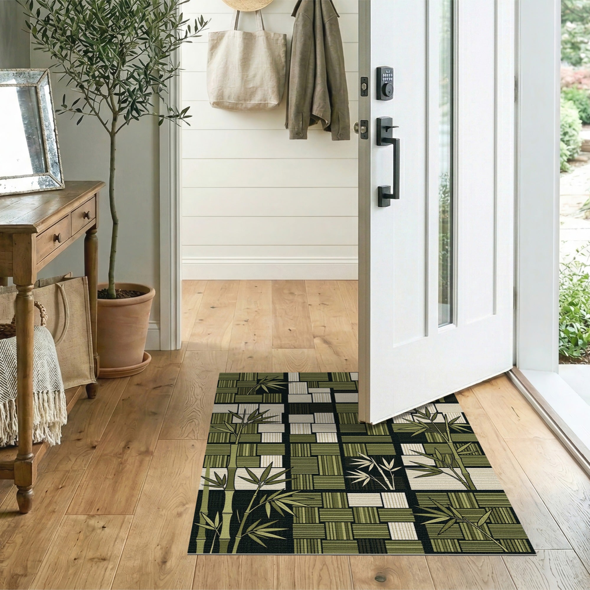 Green Bamboo Geometric Woven Area Rug