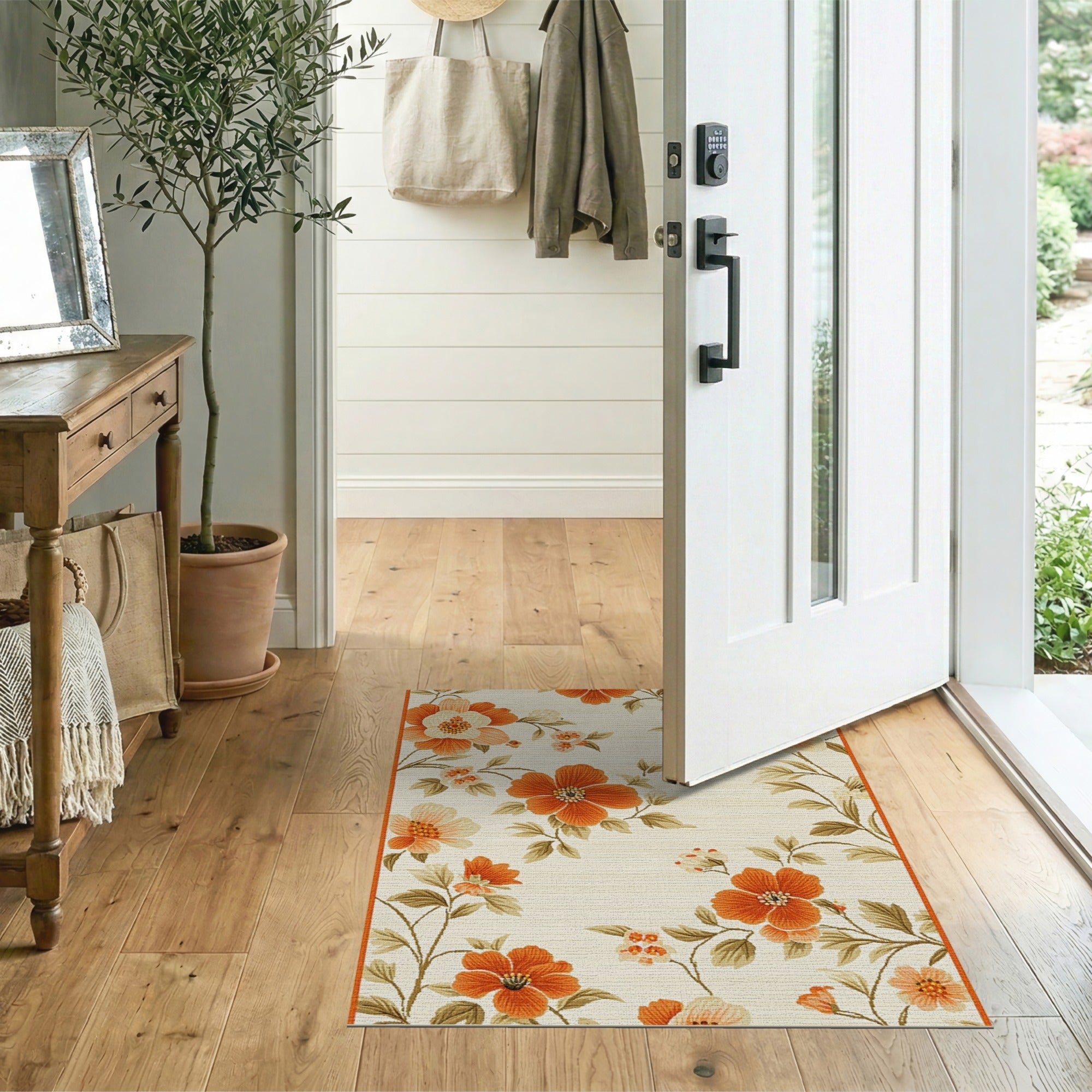 Vintage Orange Hibiscus Floral Area Rug