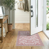 Red Wavy Line Abstract Area Rug with Ornate Border