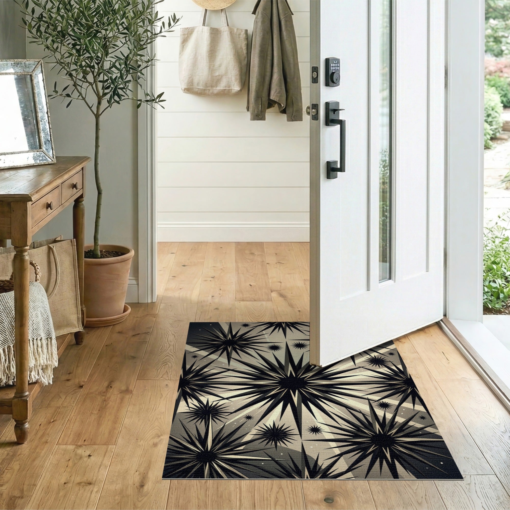 Black and White Starburst Geometric Black White Area Rug