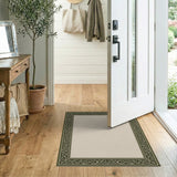 Ornate Green Border Beige Area Rug