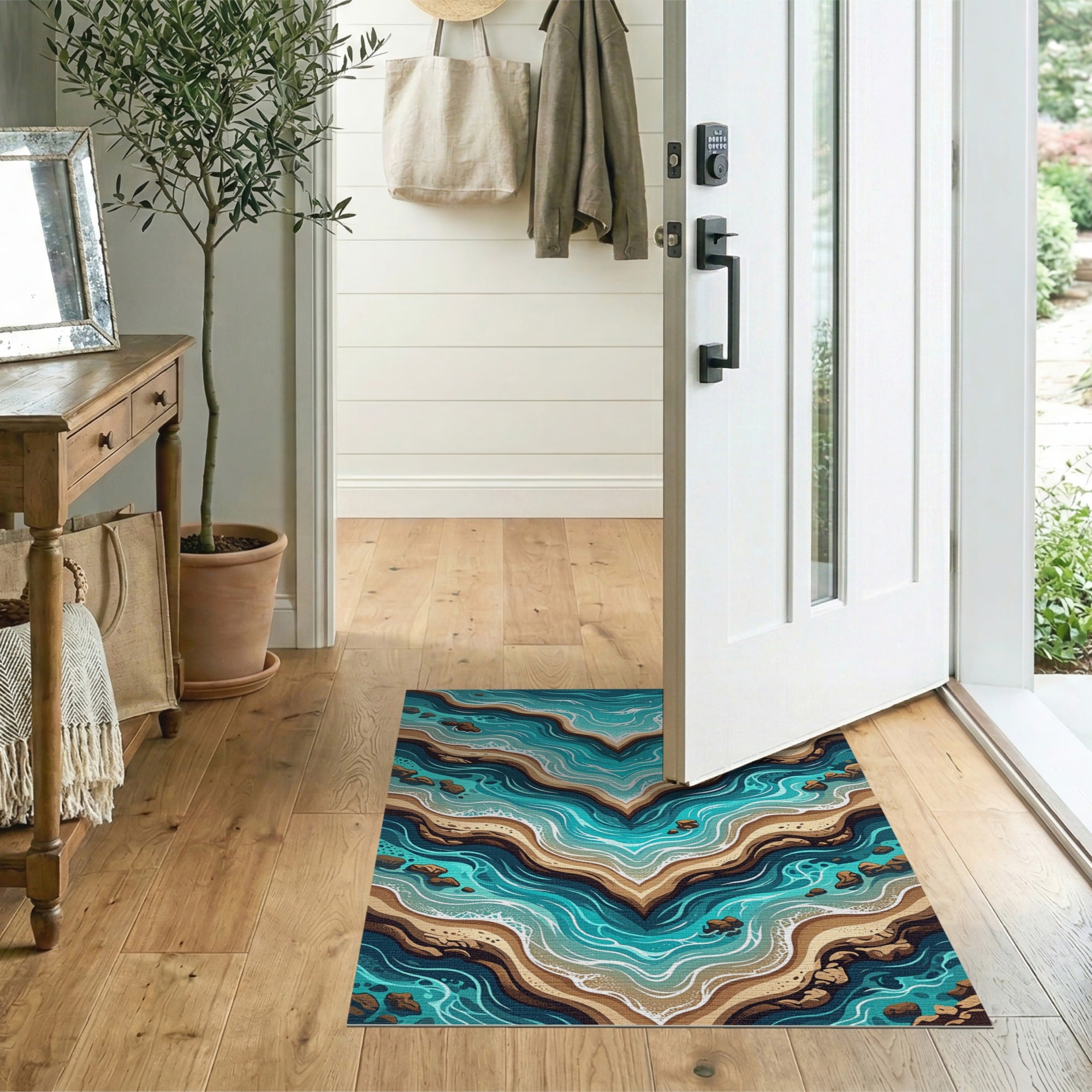 Cascading Teal Waves Coastal Area Rug