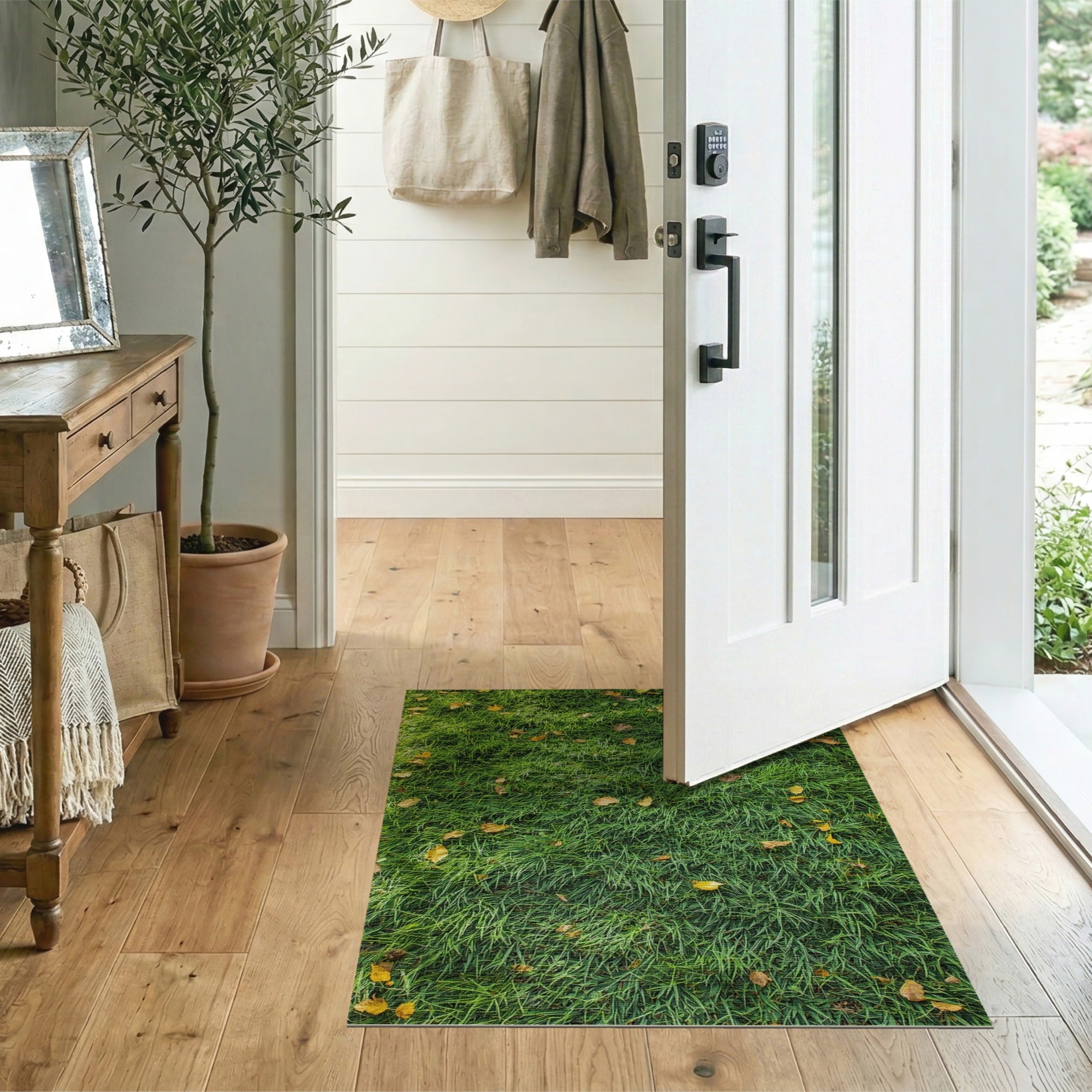 Lush Green Grass with Autumn Leaves Rug