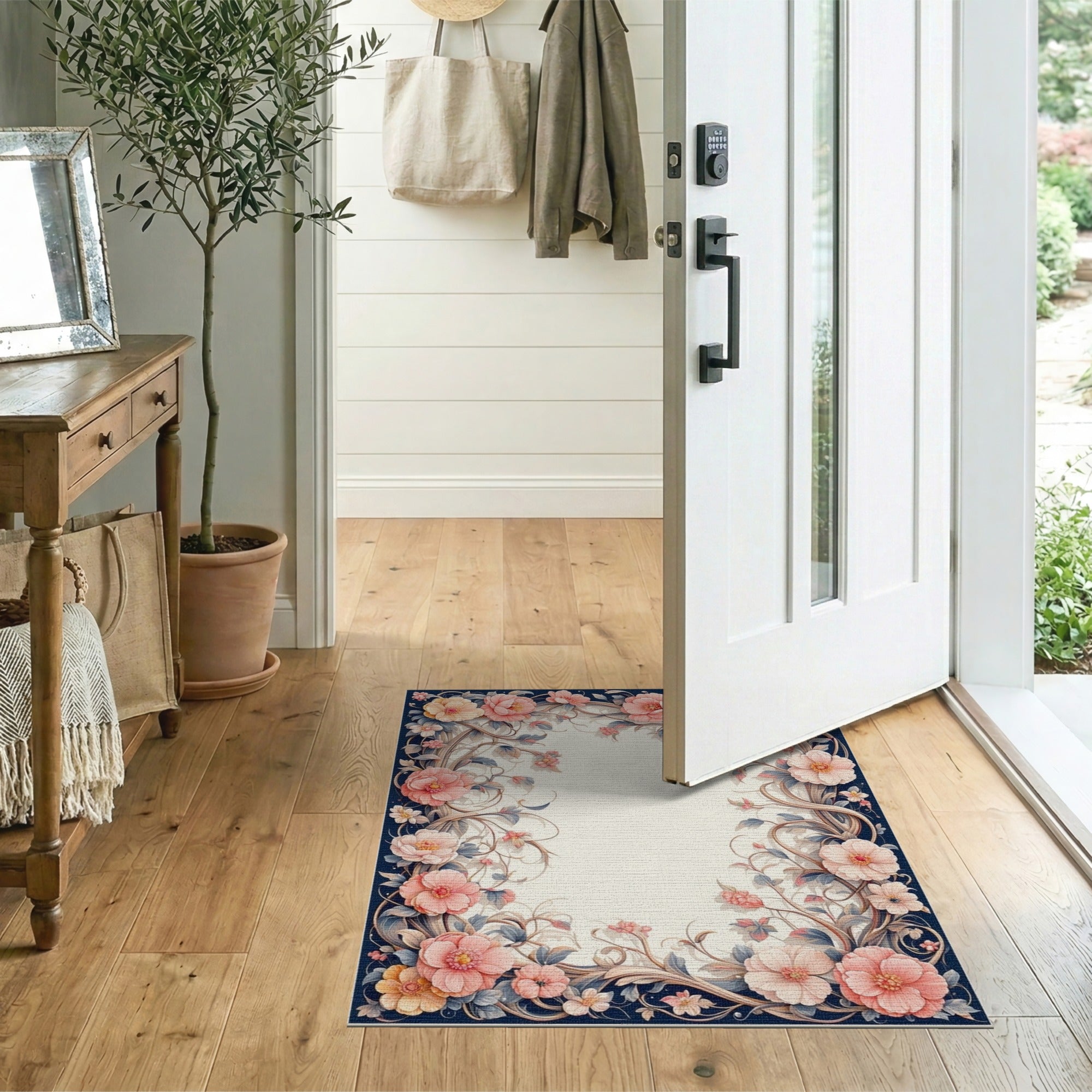 Washable Vintage Floral Border Area Rug, Navy & Blush Pink Low Pile