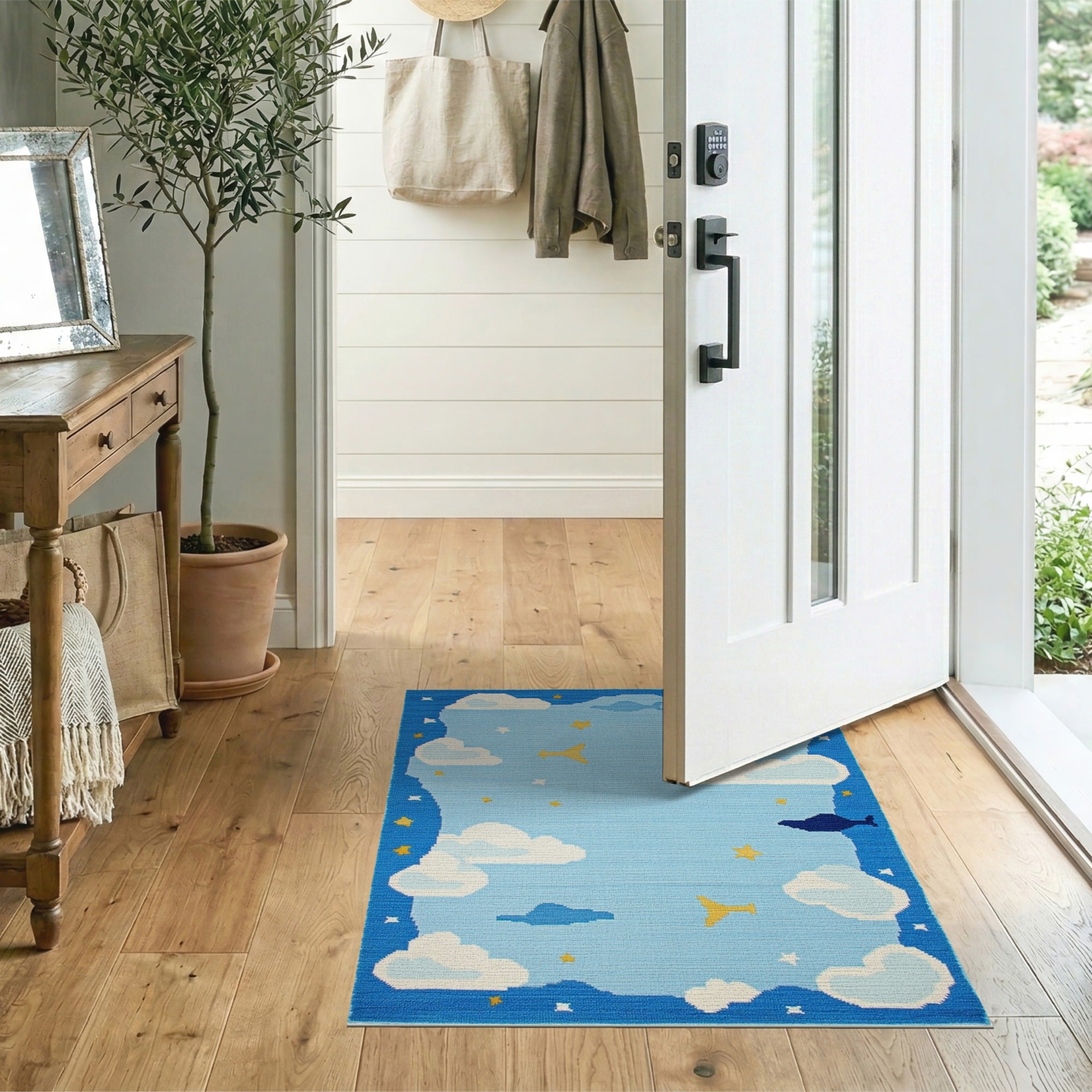Whimsical Blue Sky Kids Rug with Planes Stars Clouds
