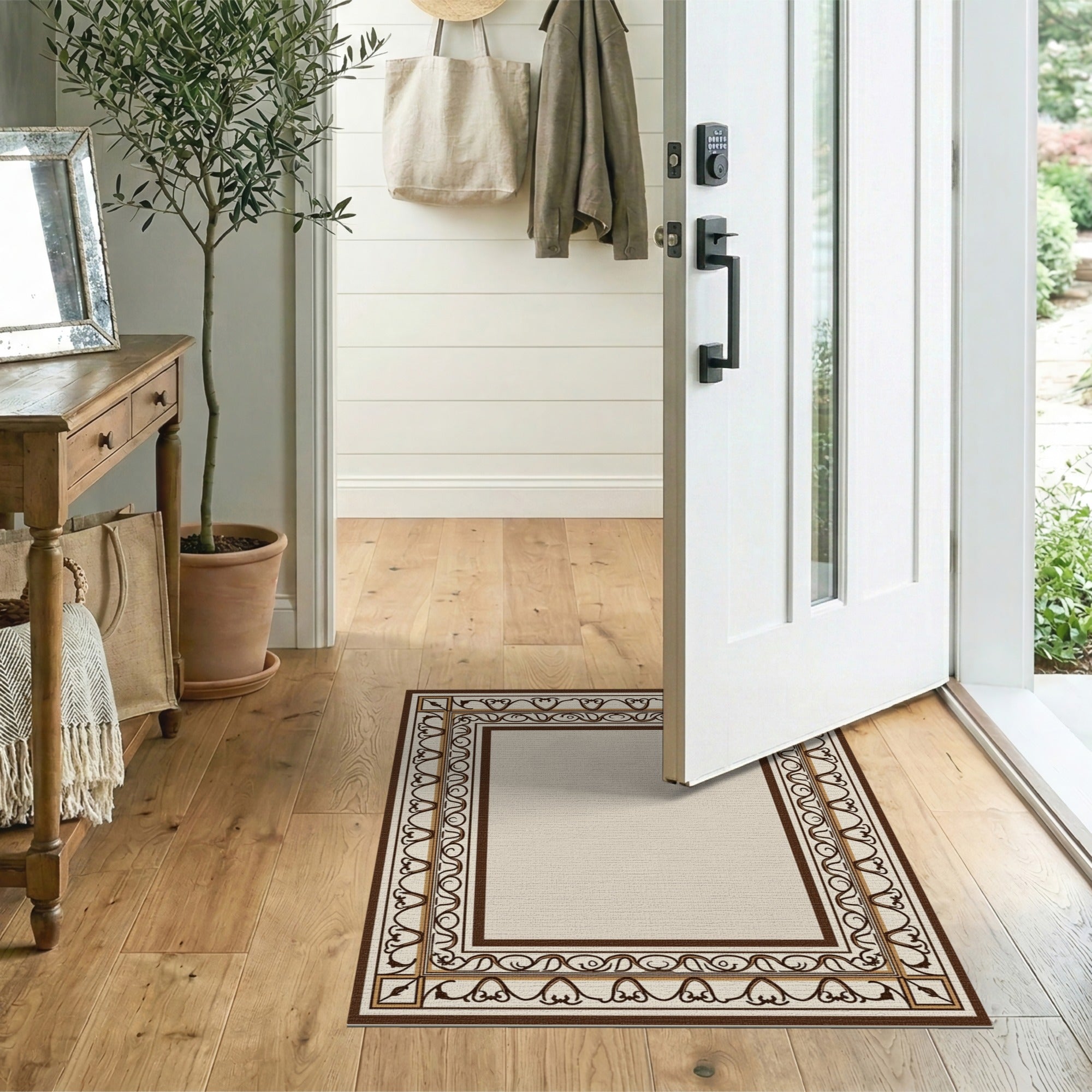 Beige and Neutral Floral Vintage Ornate Floral Border Beige Area Rug