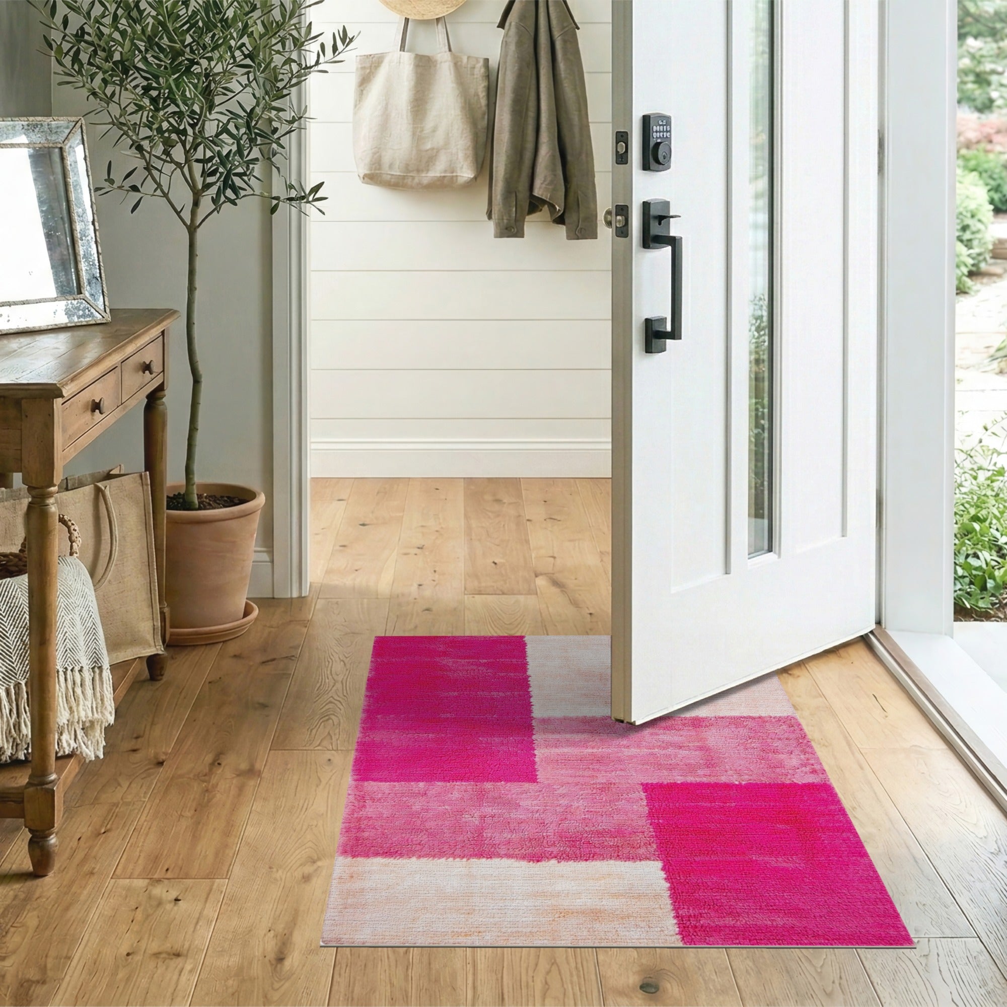 Geometric Modern Pink Vibrant Pink Geometric Shag Area Rug