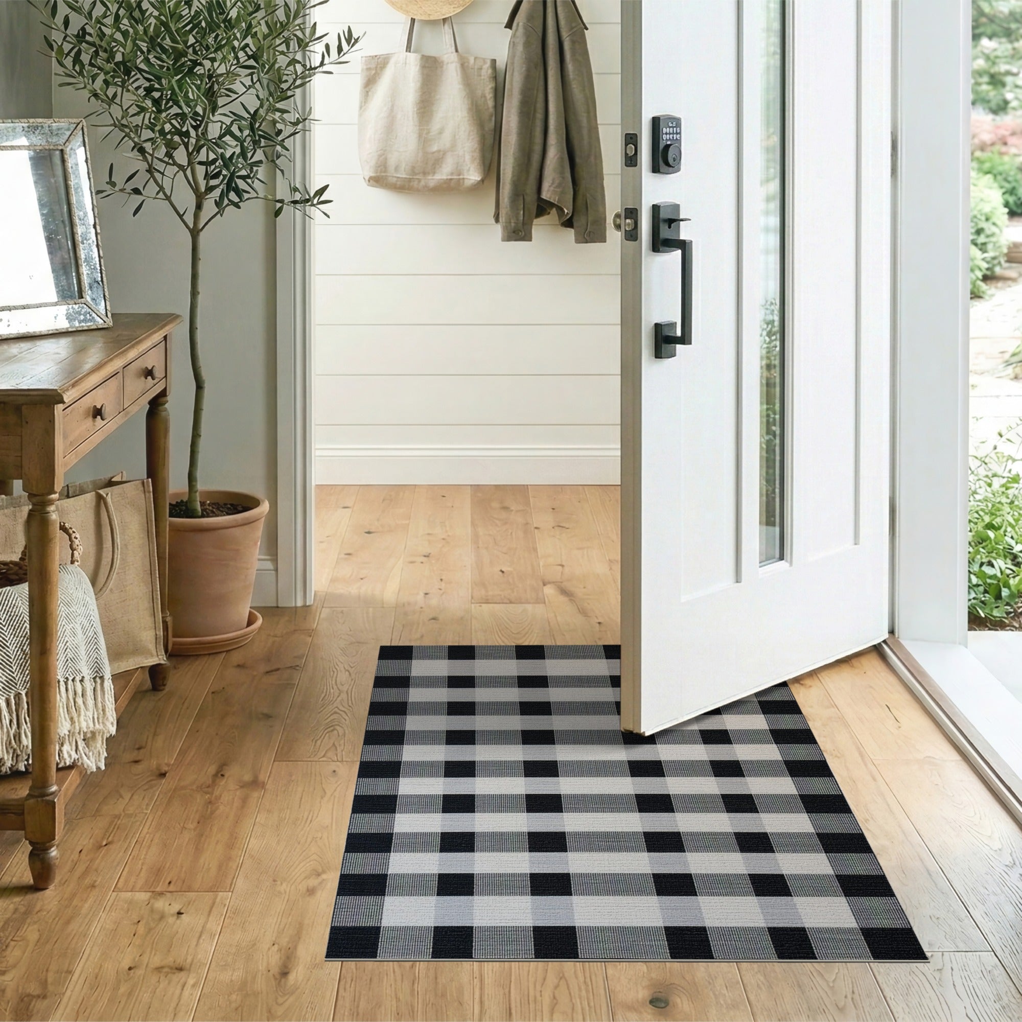 Black White Gingham Check Rustic Farmhouse Area Rug