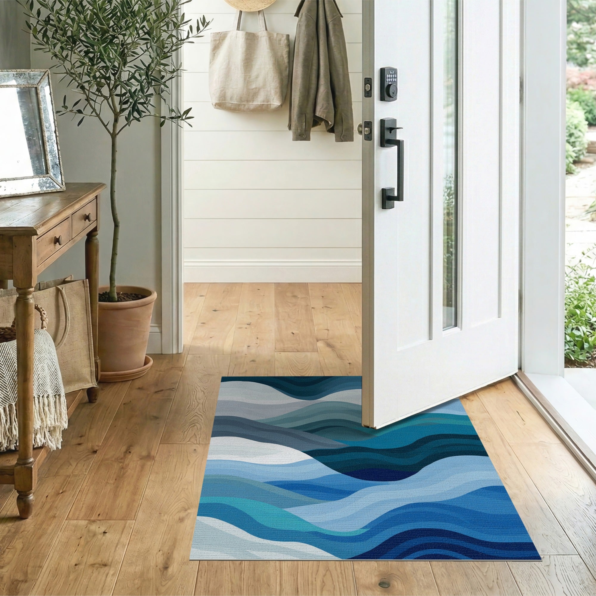 ODIKA Modern Abstract Blue Wave Washable Area Rug - Low Pile Non-Slip Kid & Pet Friendly