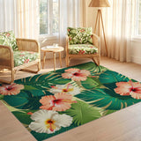 ODIKA Washable Tropical Hibiscus & Monstera Floral Area Rug - Low Pile Non-Slip