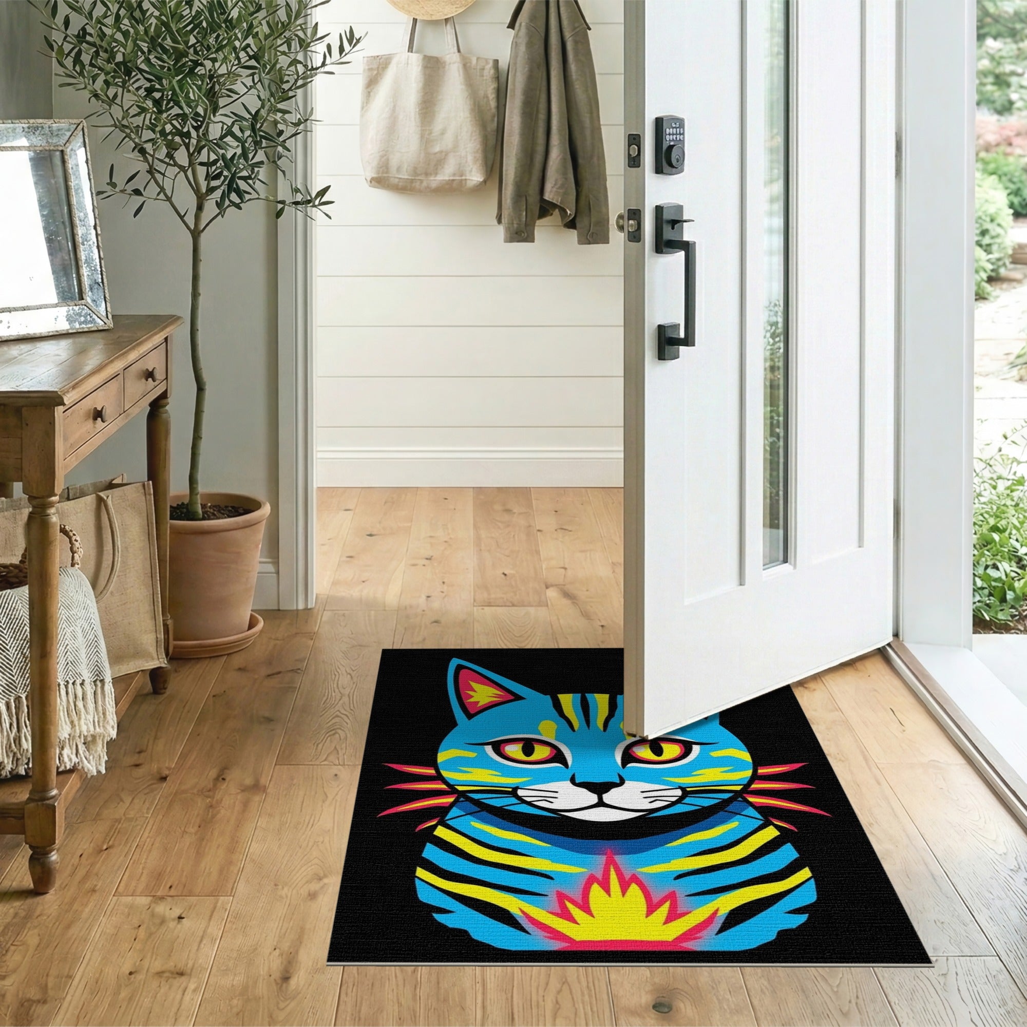 Neon Blue Tabby Cat Area Rug