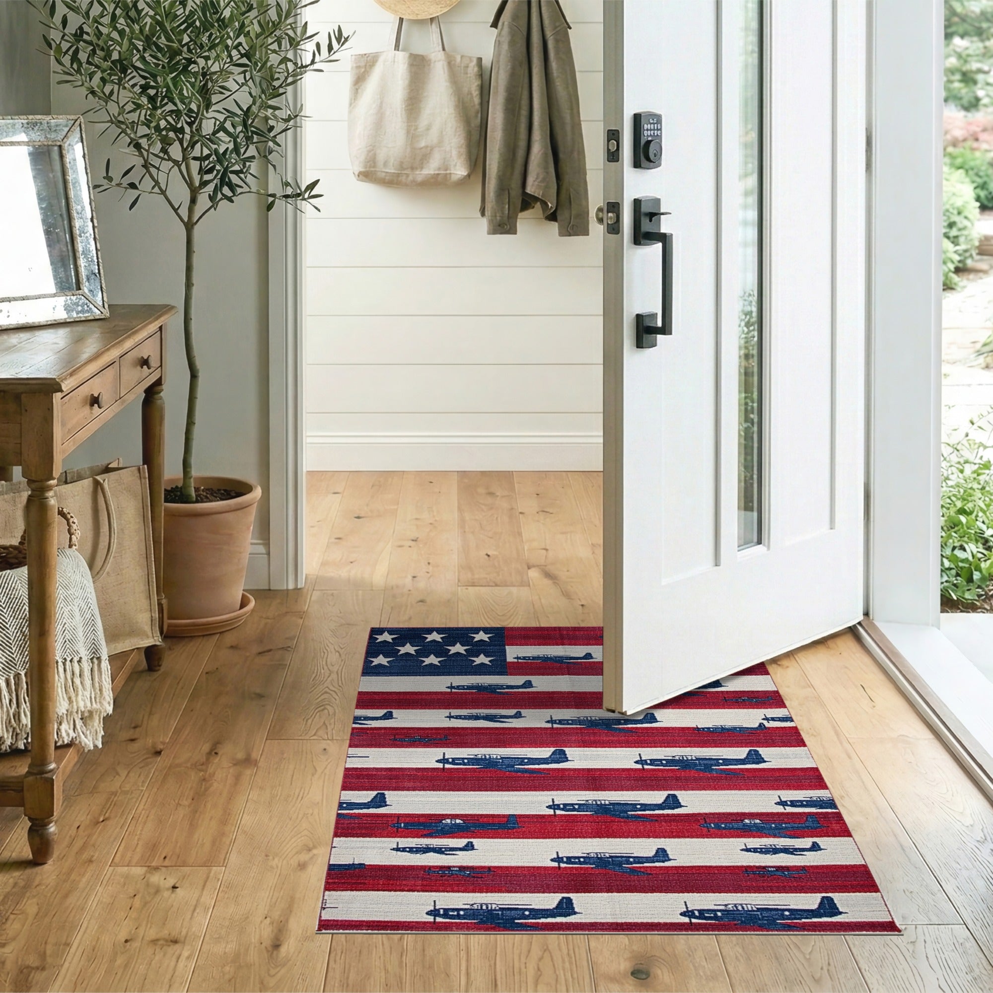 Patriotic American Flag with Propeller Planes Area Rug