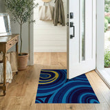Blue Teal Abstract Swirl Area Rug with Yellow Accents