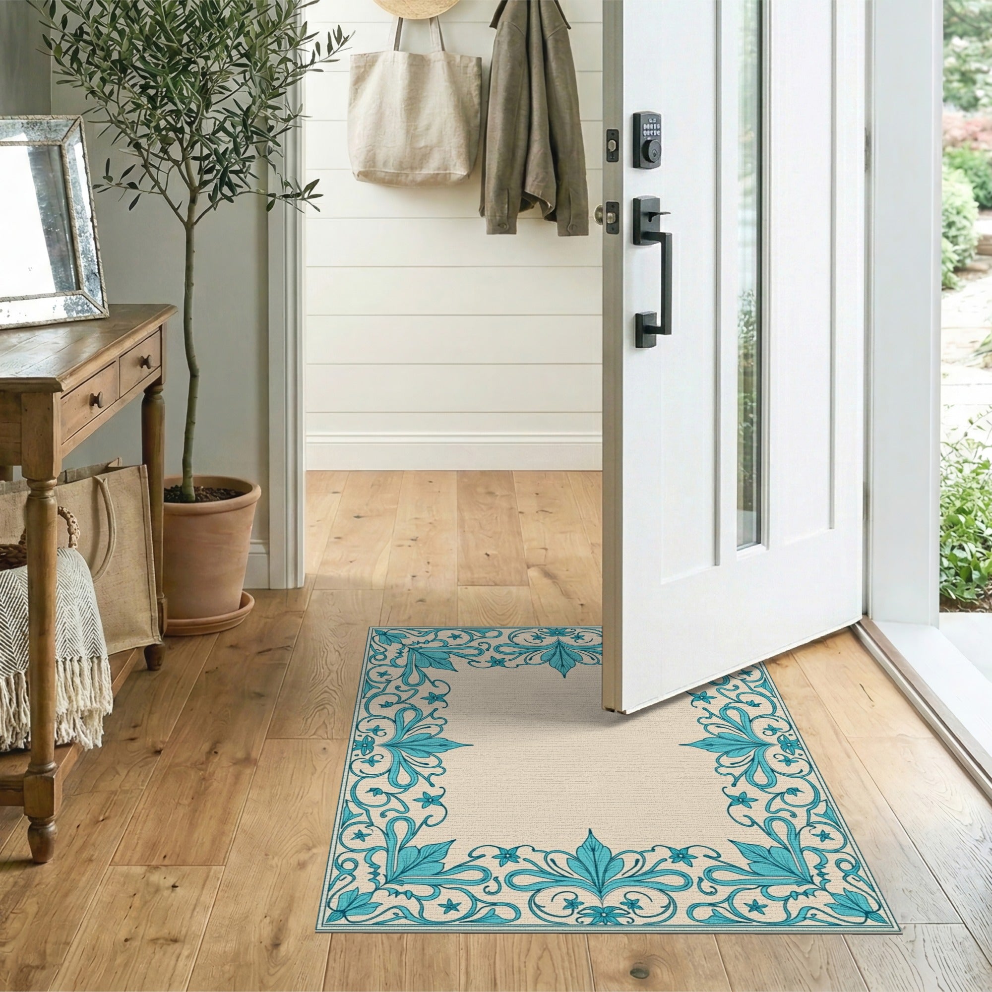 Blue and Teal Floral Vintage Ornate Teal Floral Border Area Rug