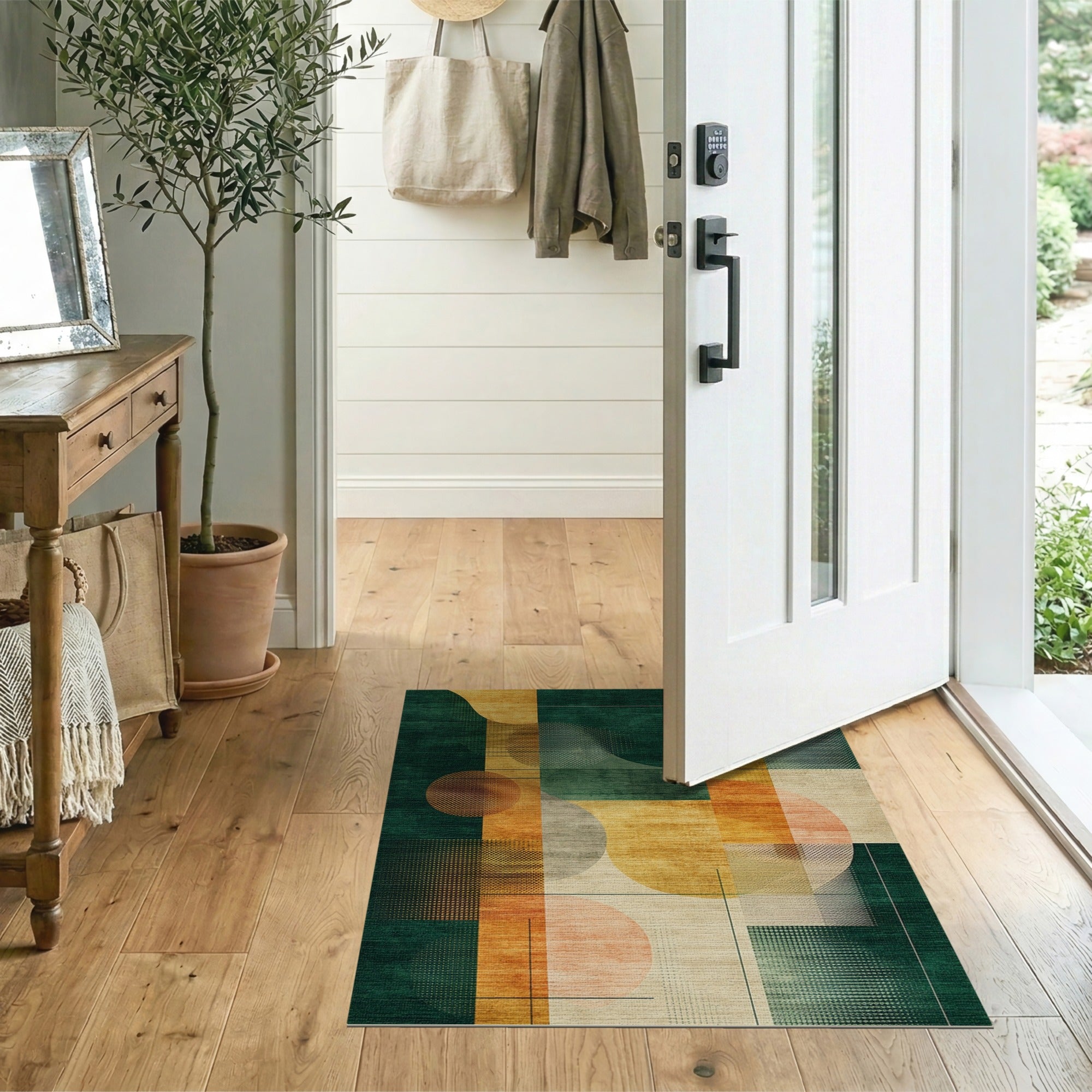 ODIKA Modern Abstract Washable Rug - Green & Gold Geometric Low Pile Area Rug, Non-Slip, OEKO-TEX Certified