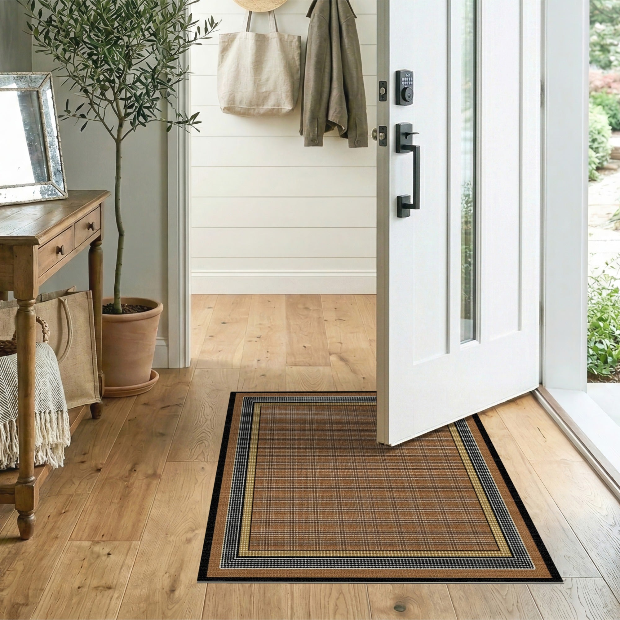 Brown Tan Plaid Framed Area Rug